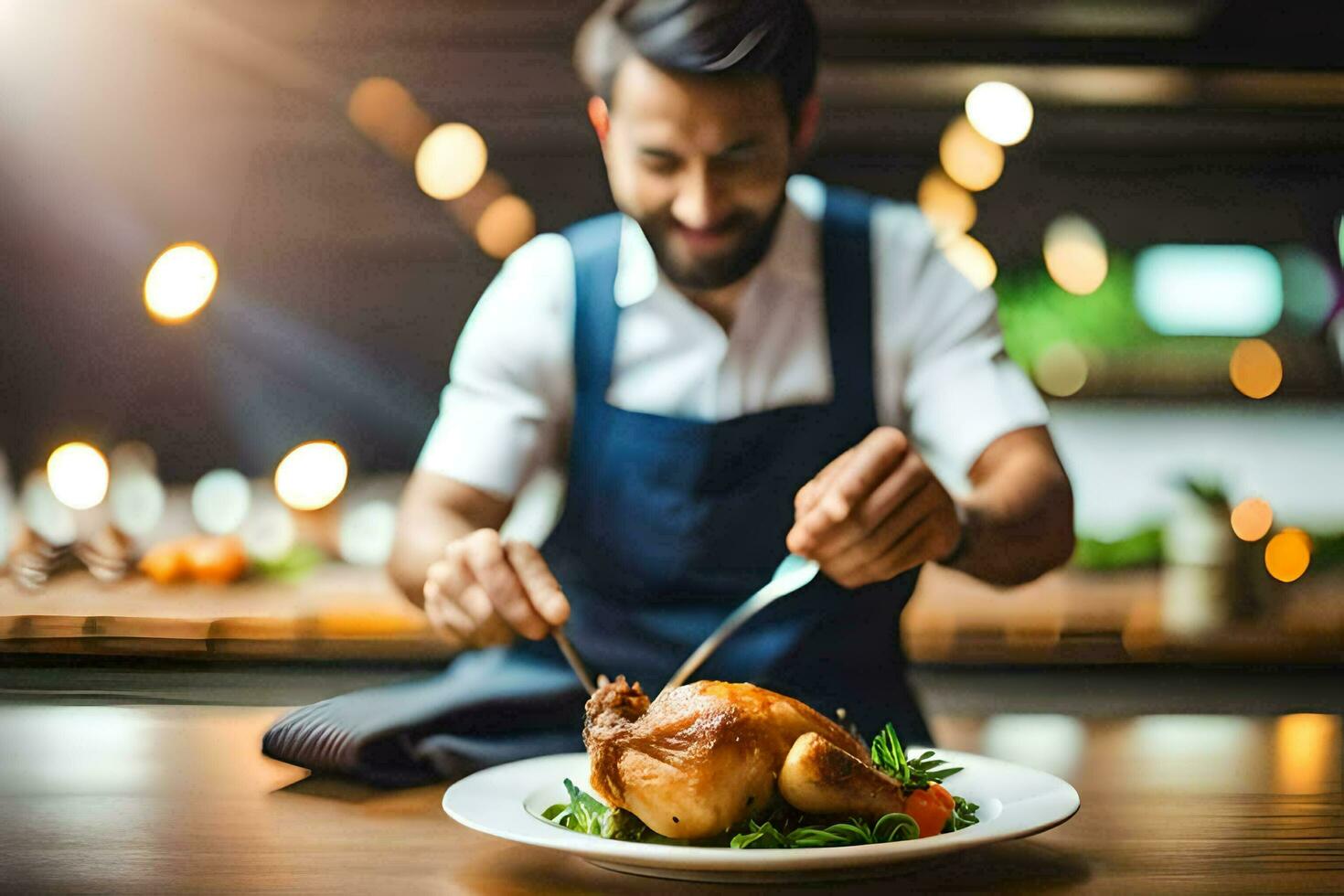 a man in apron is cutting a chicken on a plate. AI-Generated photo