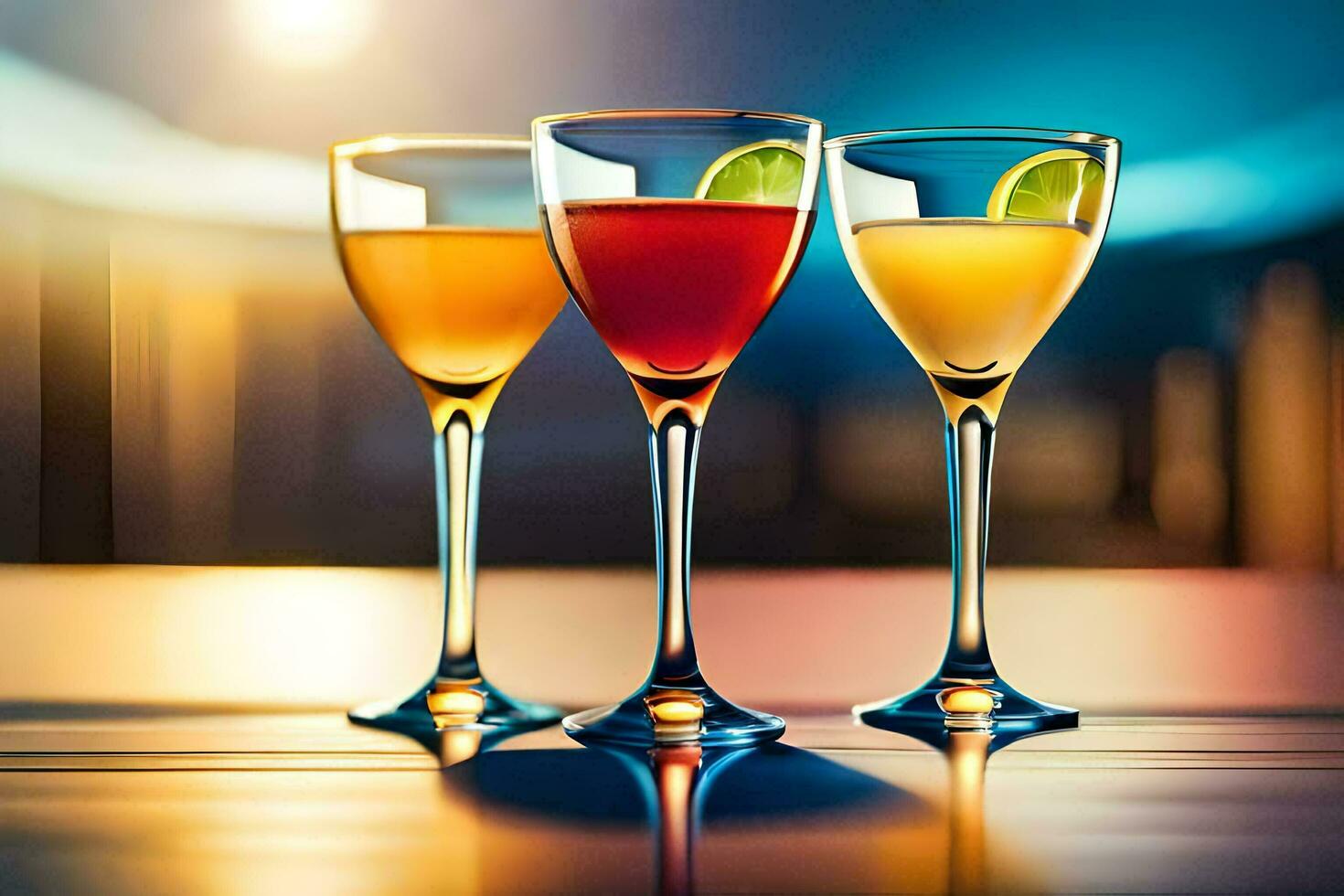 three glasses of different colored drinks on a table. AI-Generated photo