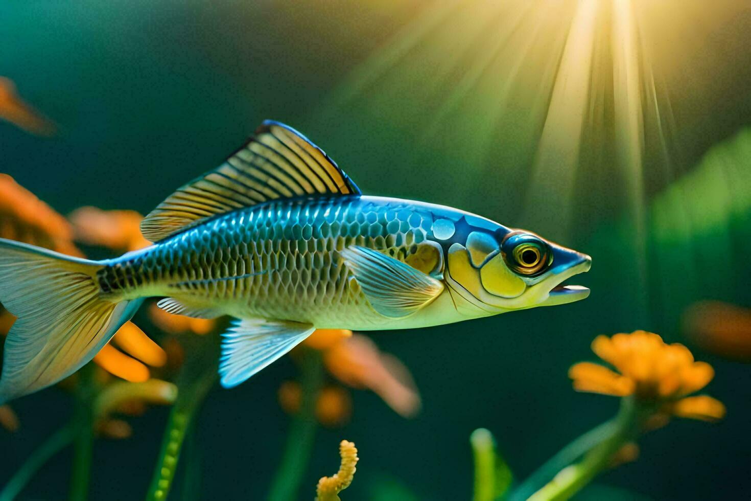 a fish swimming in the water with sunlight shining. AI-Generated photo
