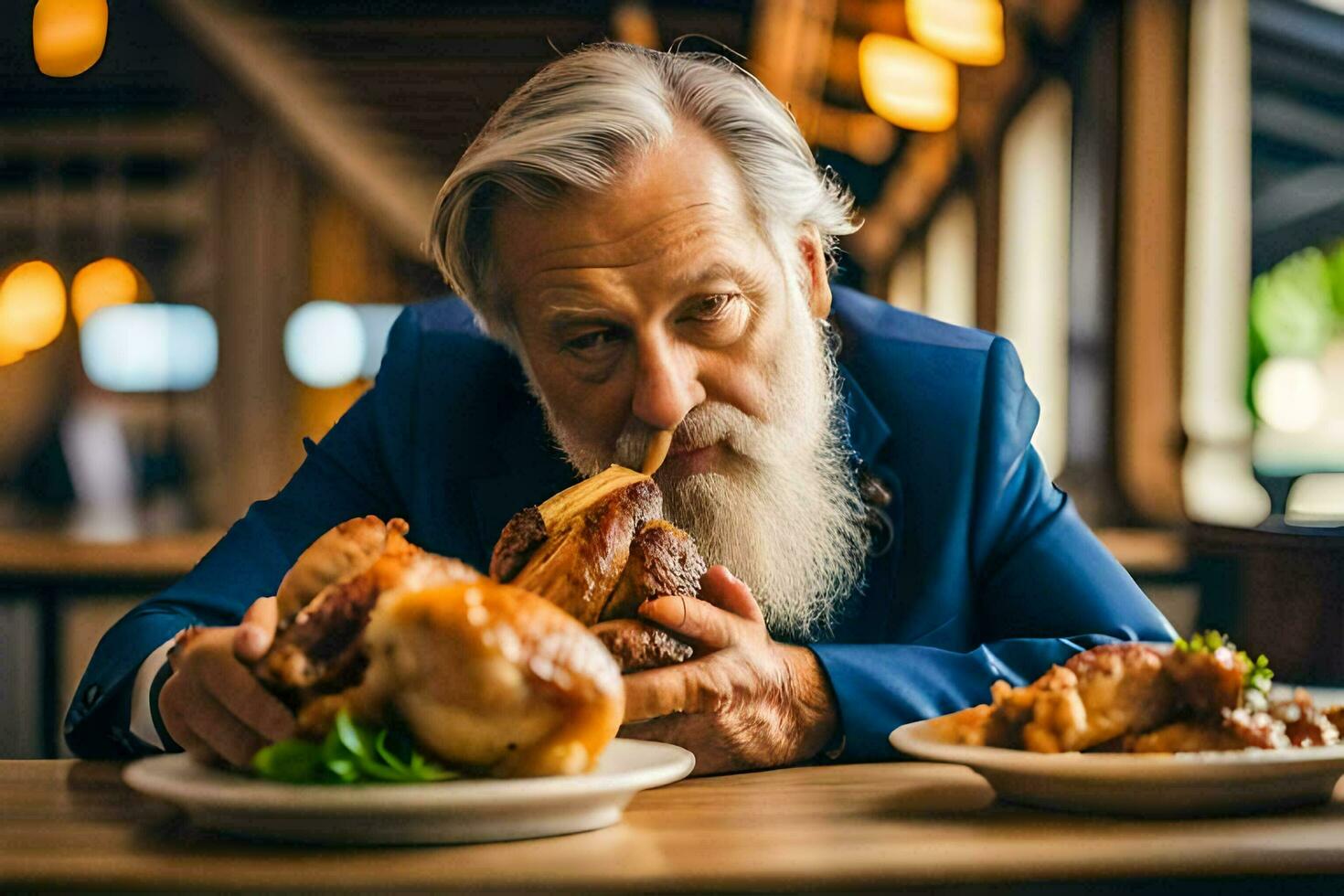 an old man with a long white beard eating a turkey. AI-Generated photo