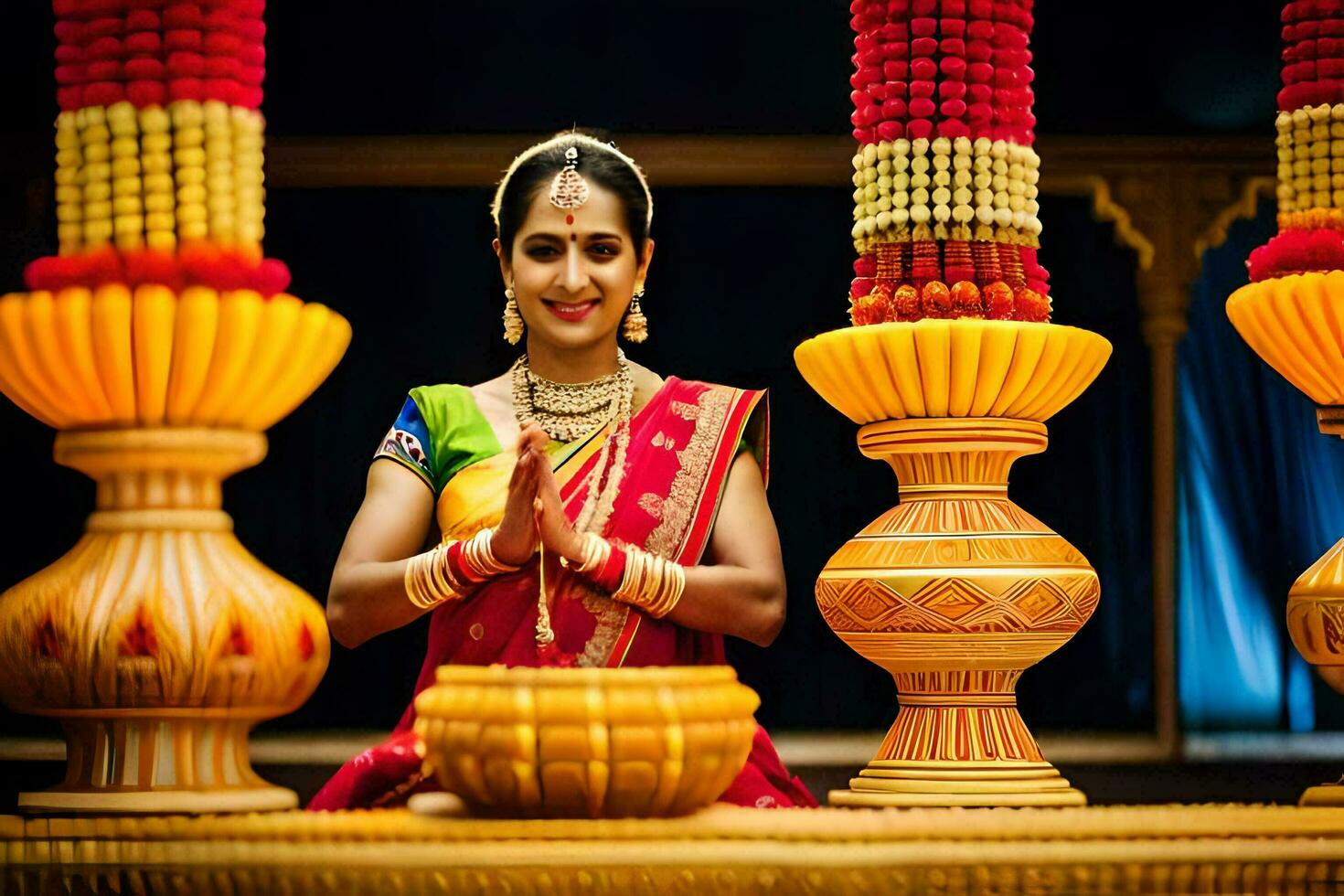 a woman in traditional indian attire sits in front of a large vase. AI-Generated photo