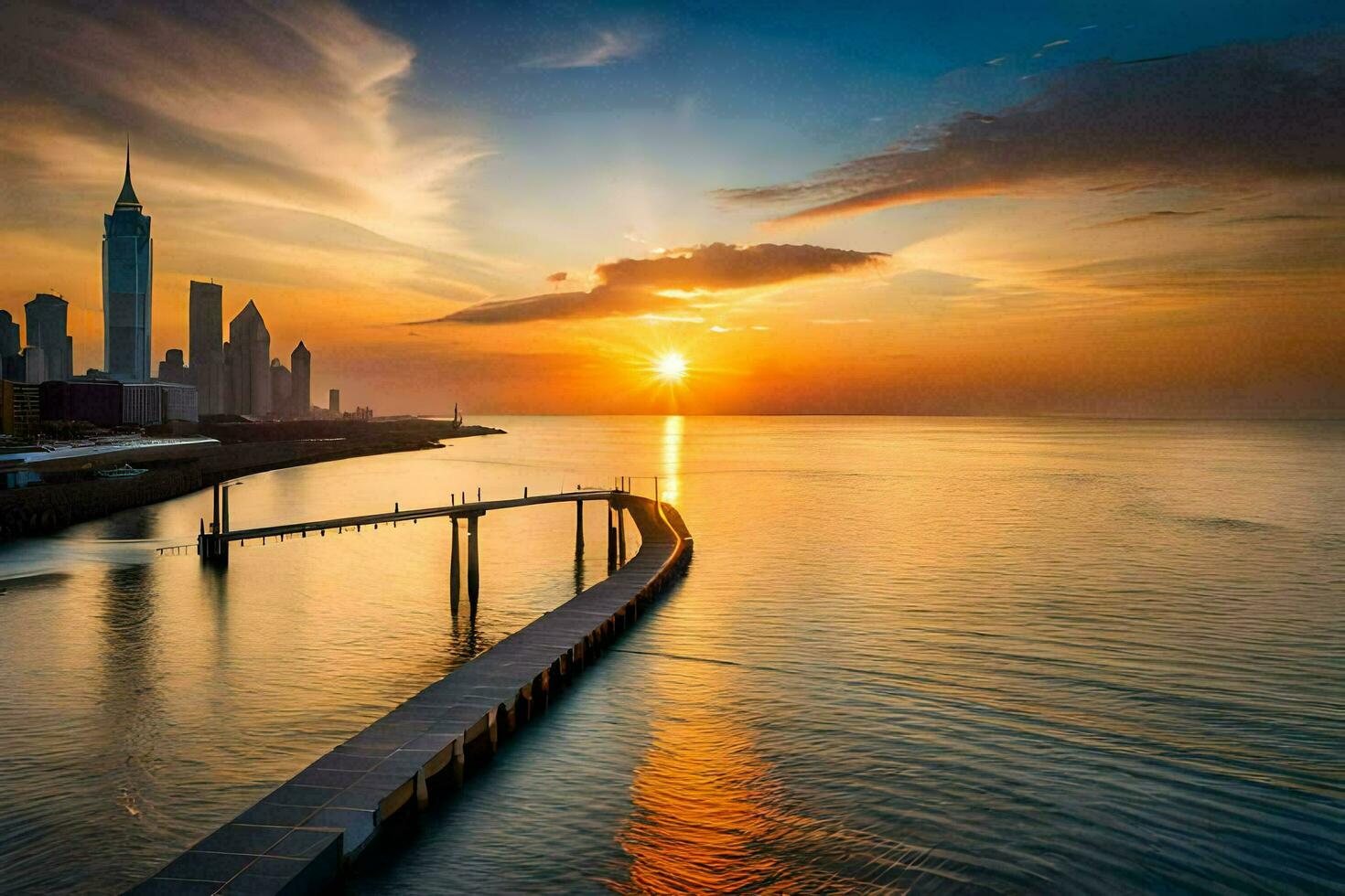 the sun sets over the city skyline in chicago. AI-Generated photo