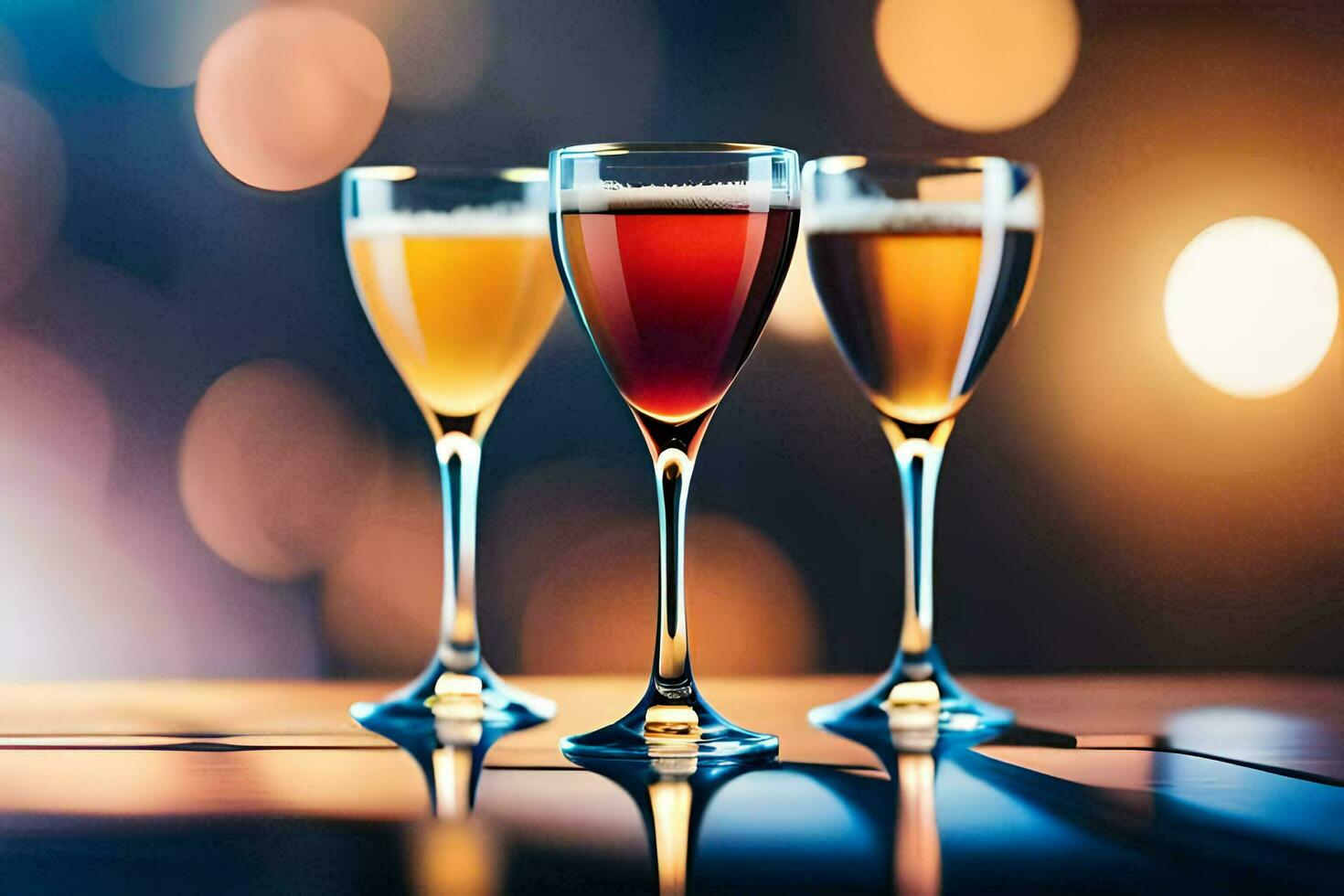 three glasses of different colored drinks on a table. AI-Generated photo