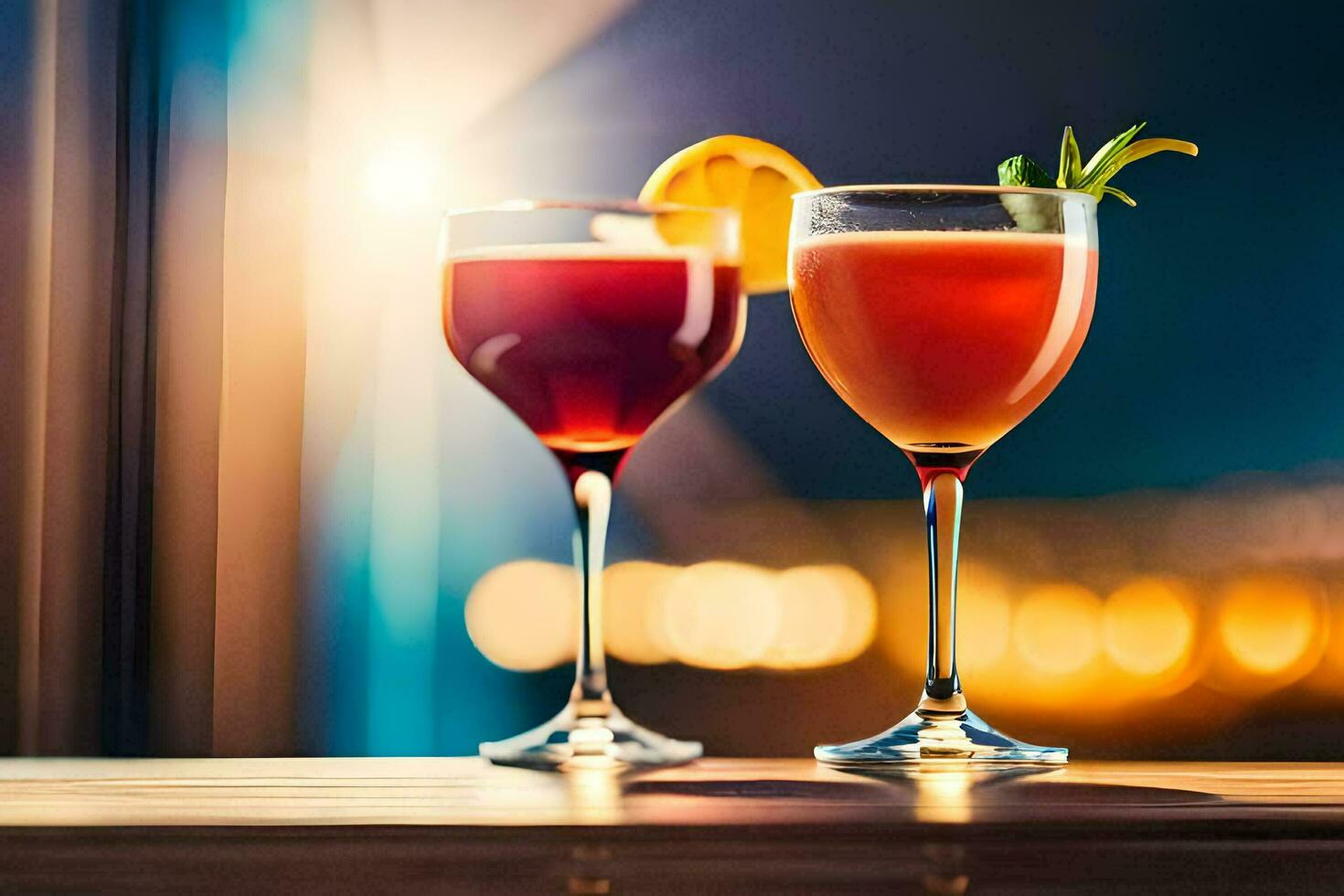 two glasses of cocktails with orange slices on the table. AI-Generated photo