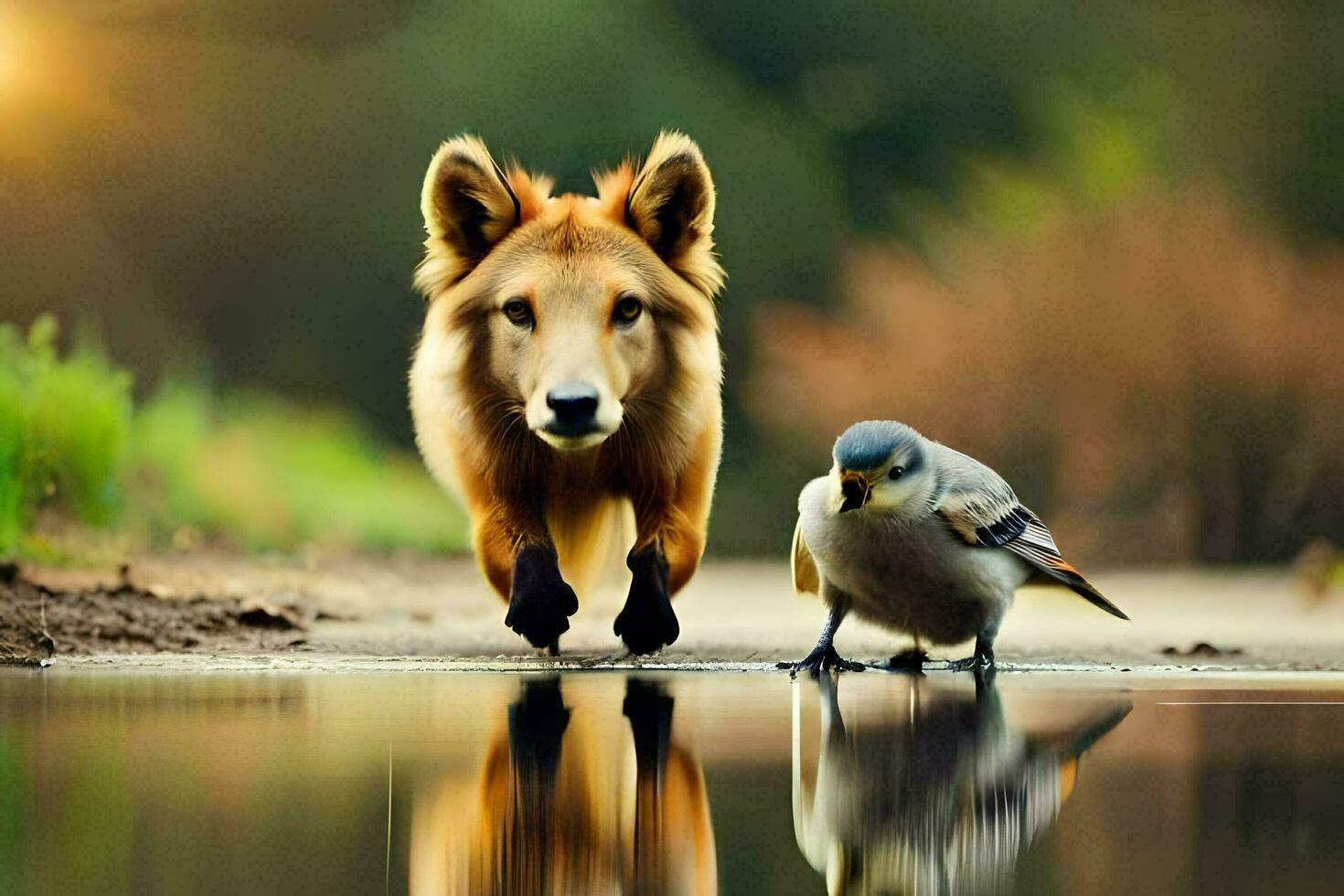 a fox and a bird walking along a path. AI-Generated photo