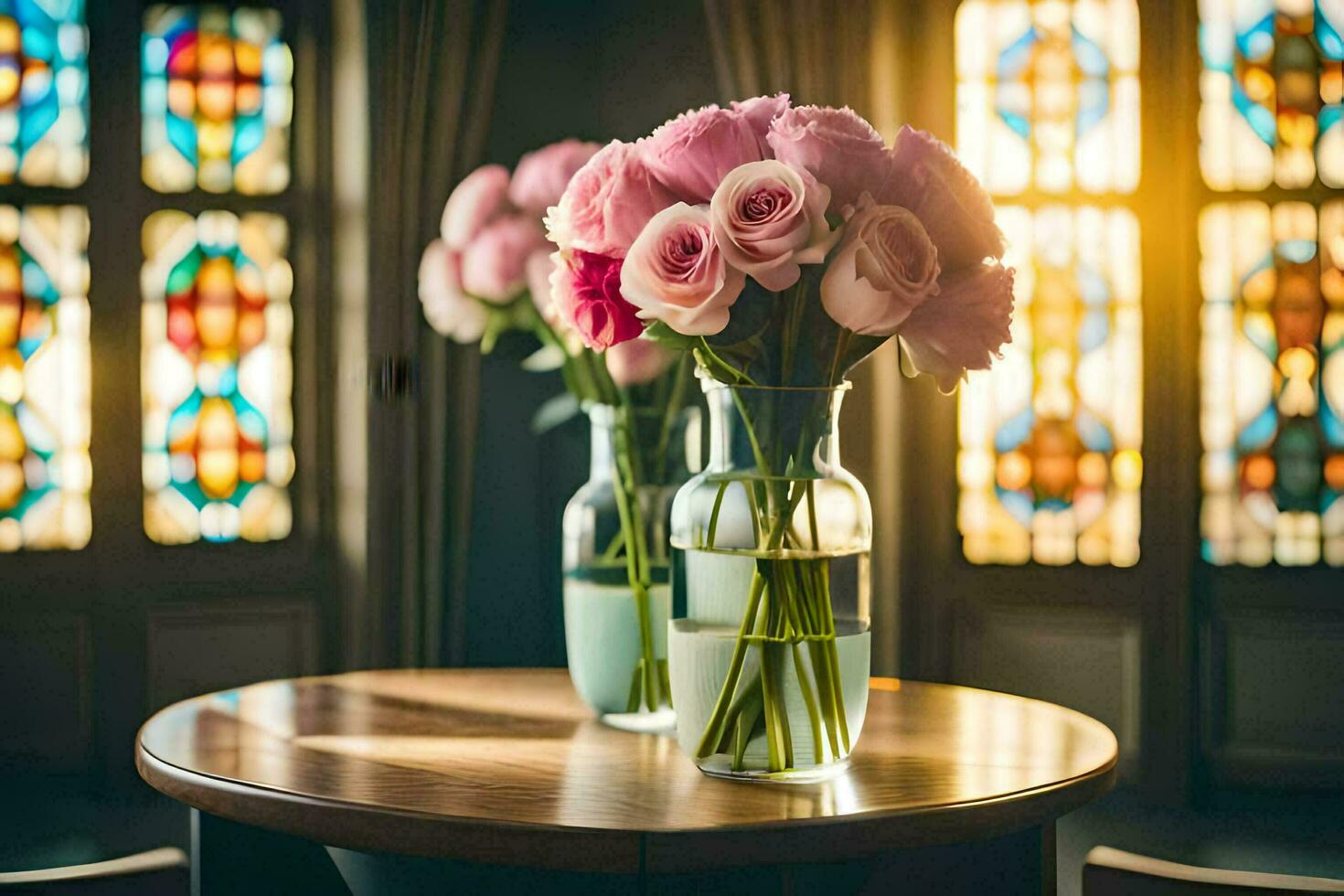 rosado rosas en floreros en un mesa en frente de manchado vaso ventanas generado por ai foto