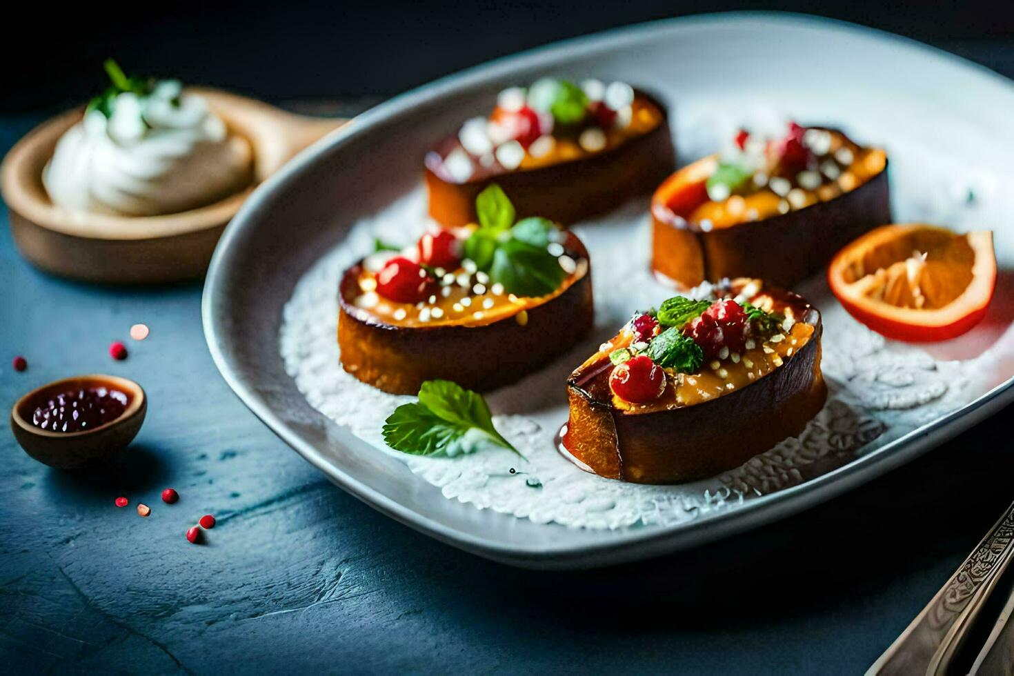 three pieces of bread with fruit and mint. AI-Generated photo