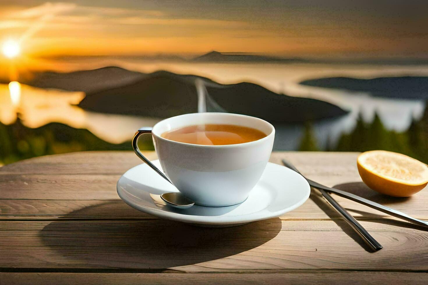 a cup of tea on a wooden table with a view of the mountains. AI-Generated photo