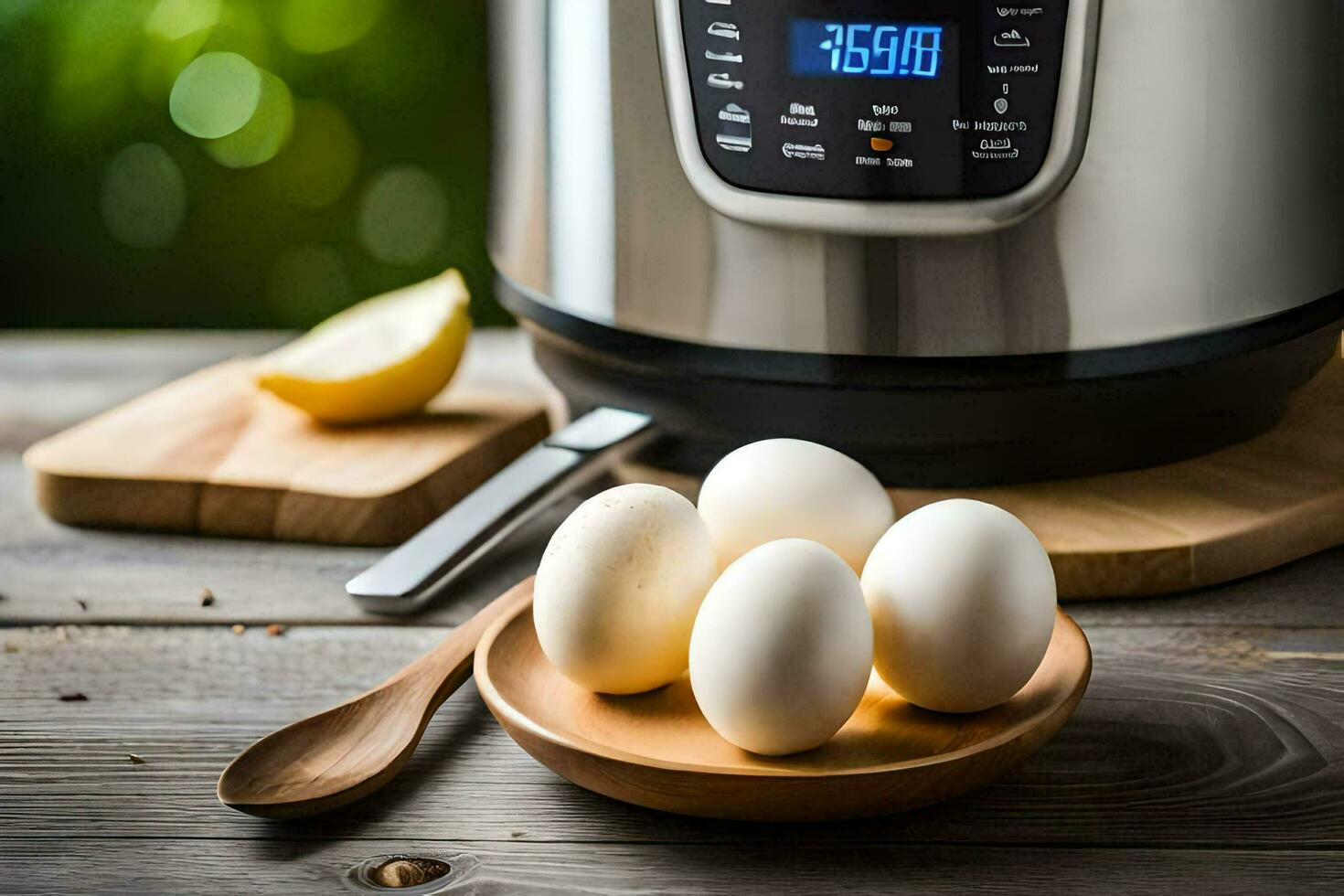 an instant pot with eggs and lemons on a wooden board. AI-Generated photo