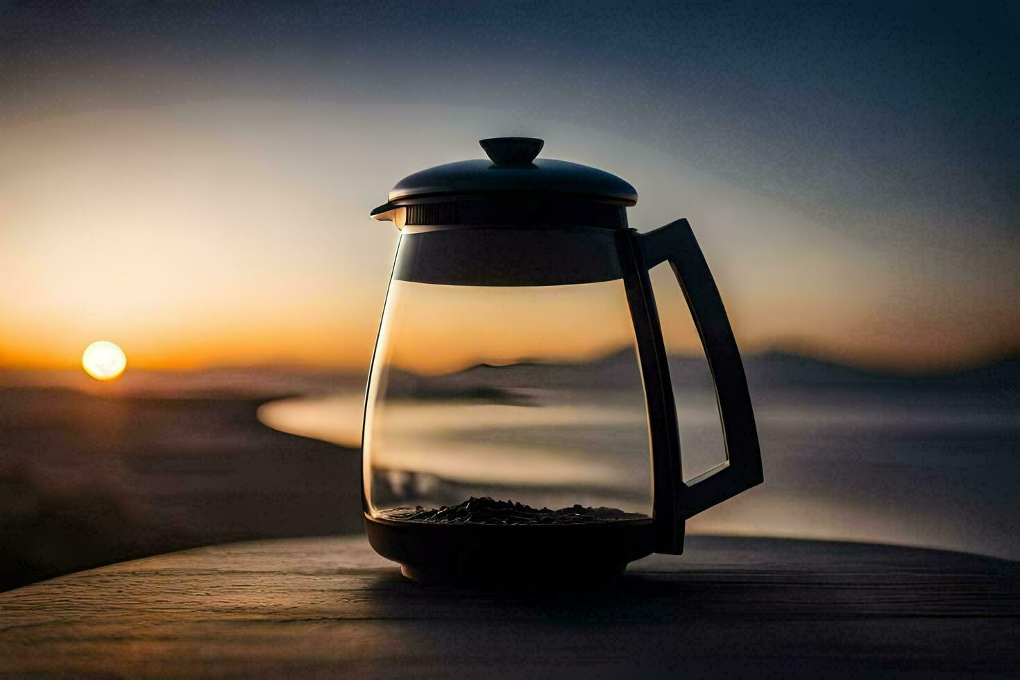 a coffee pot on a table with the sun setting behind it. AI-Generated photo