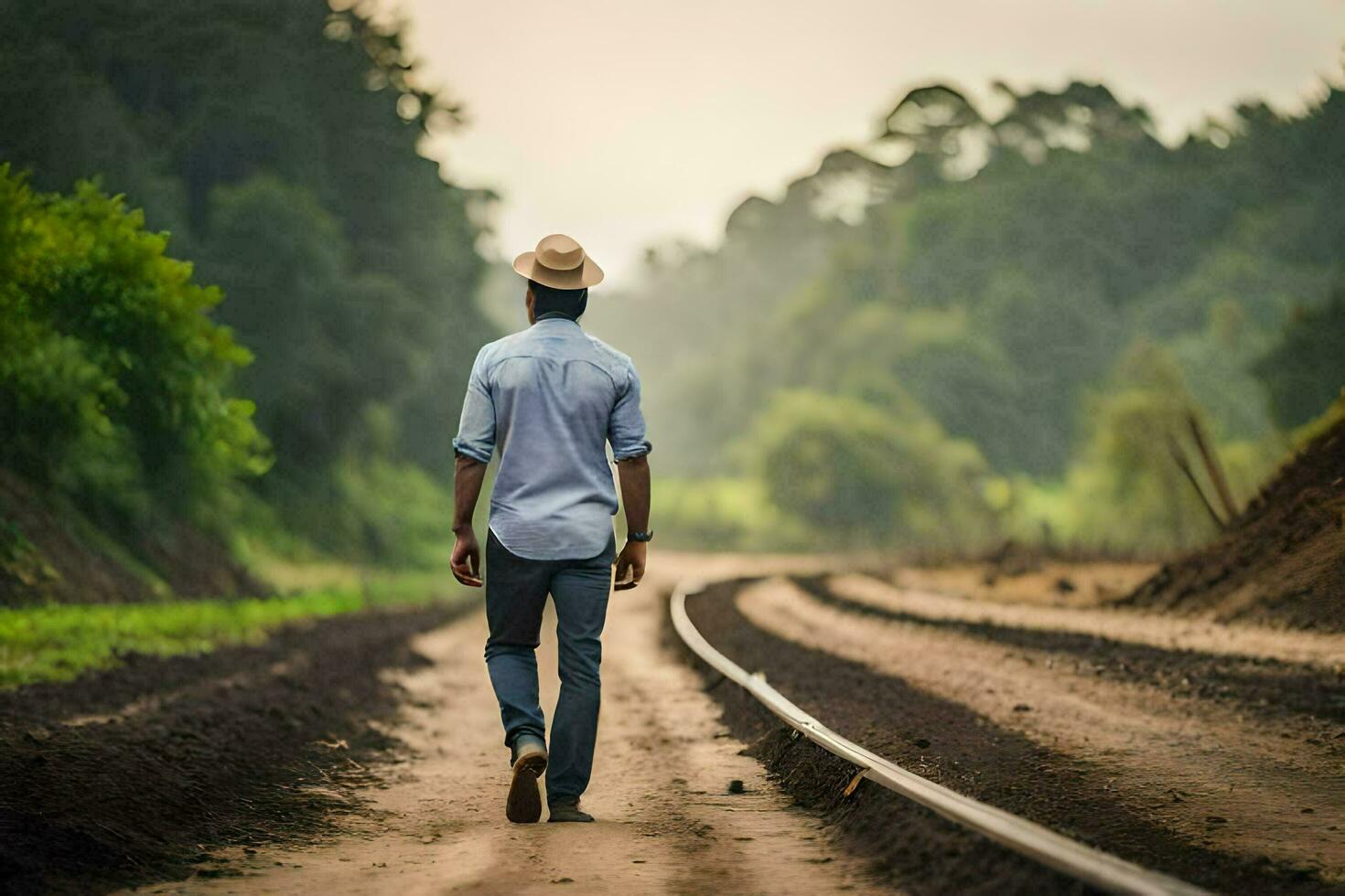 un hombre en un sombrero camina abajo un suciedad la carretera. generado por ai foto