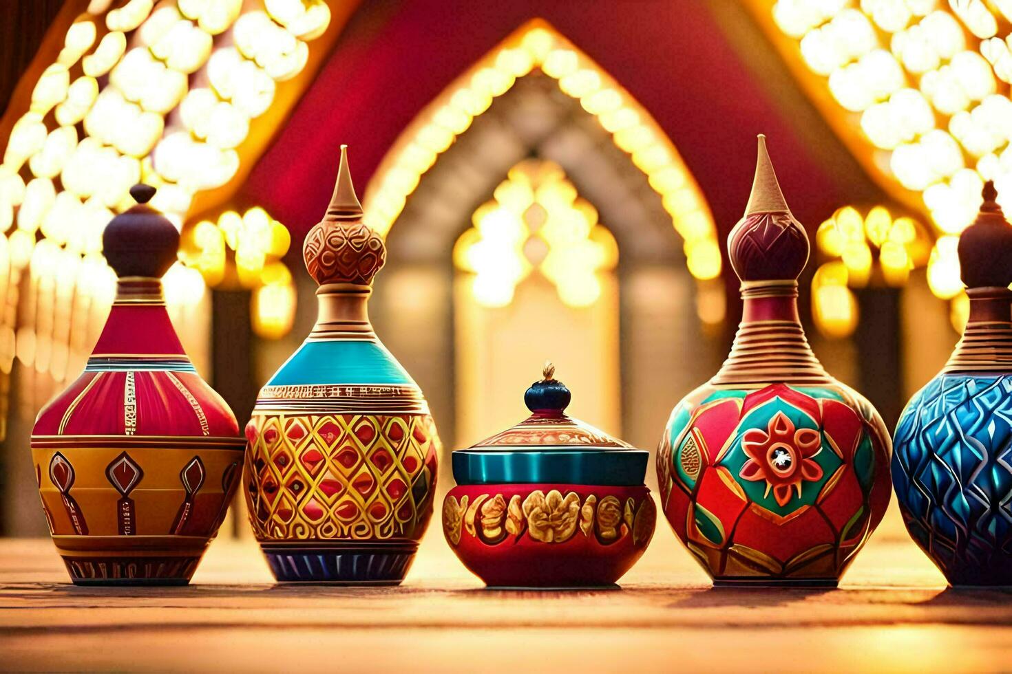 five colorful vases are lined up on a table. AI-Generated photo