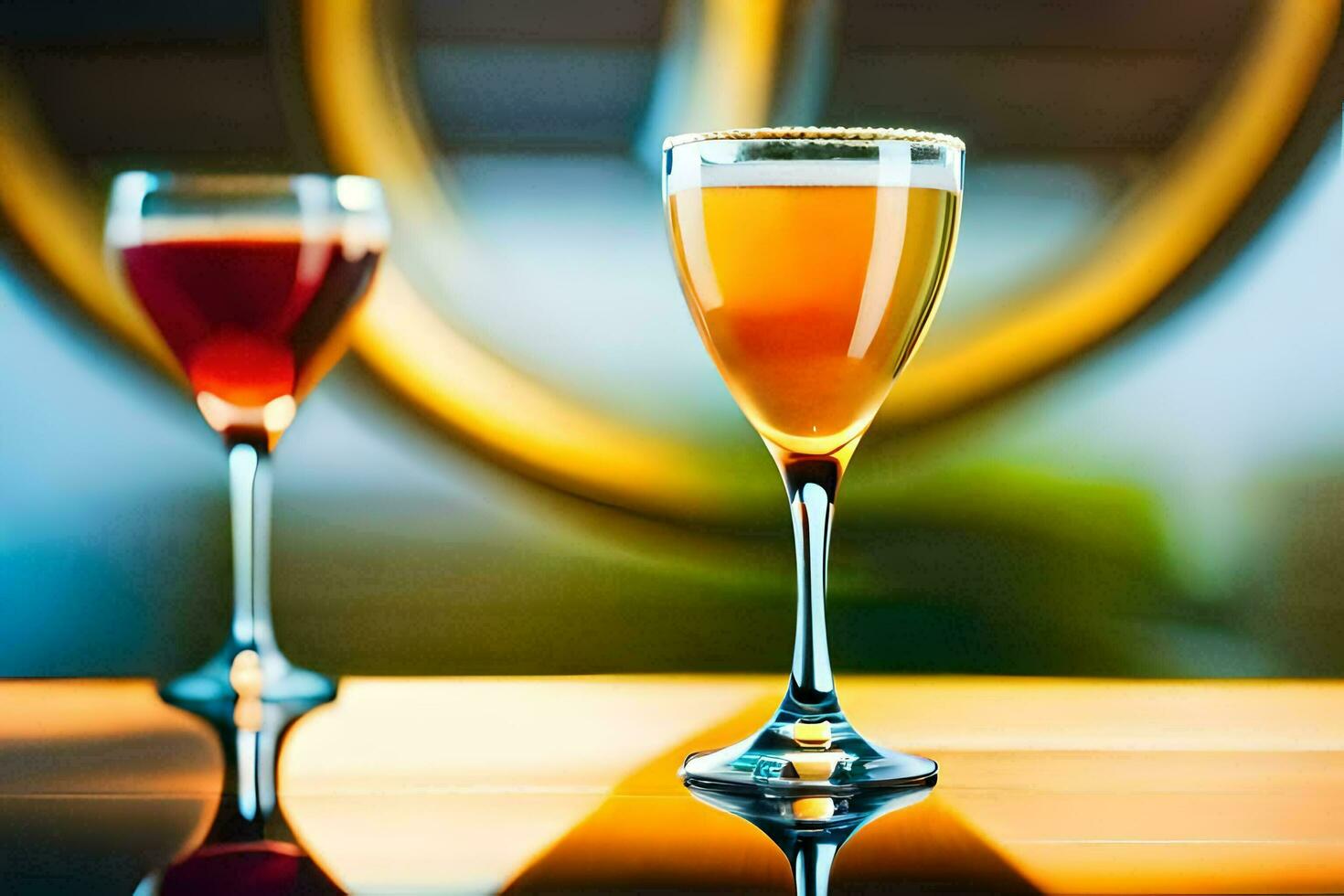 two glasses of wine on a table. AI-Generated photo