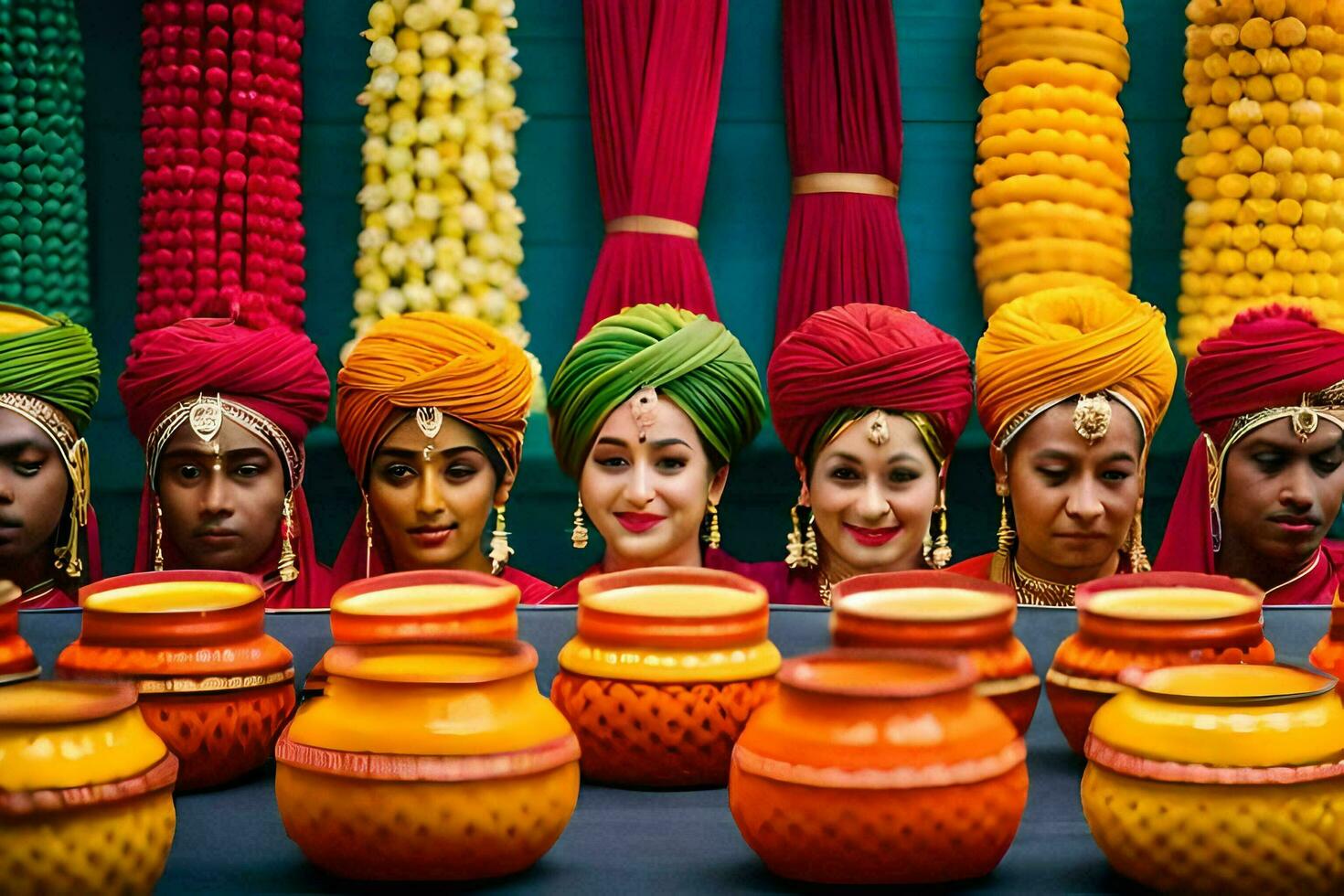 a group of women in colorful turbans and colorful pots. AI-Generated photo