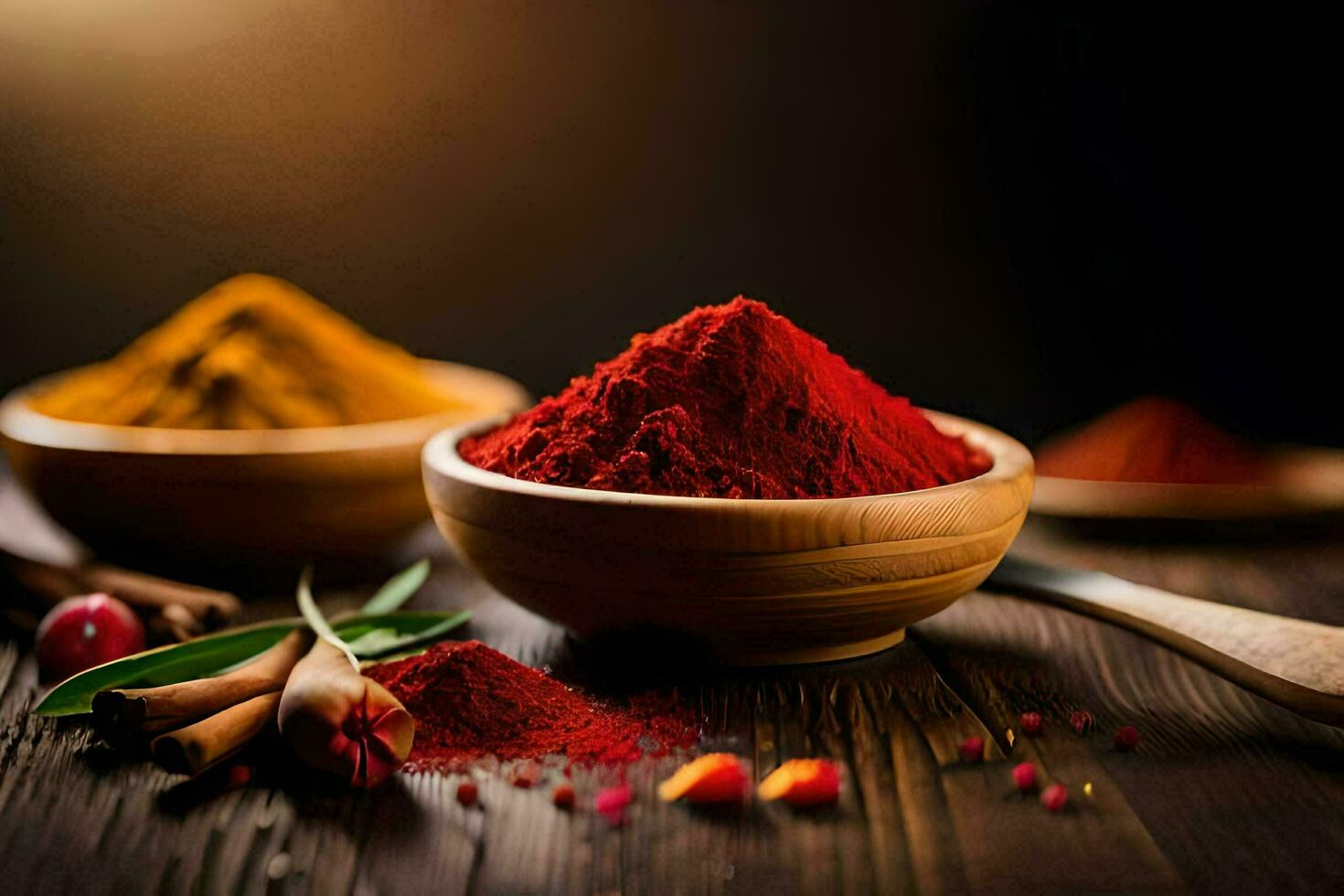 spices in bowls on a wooden table. AI-Generated photo