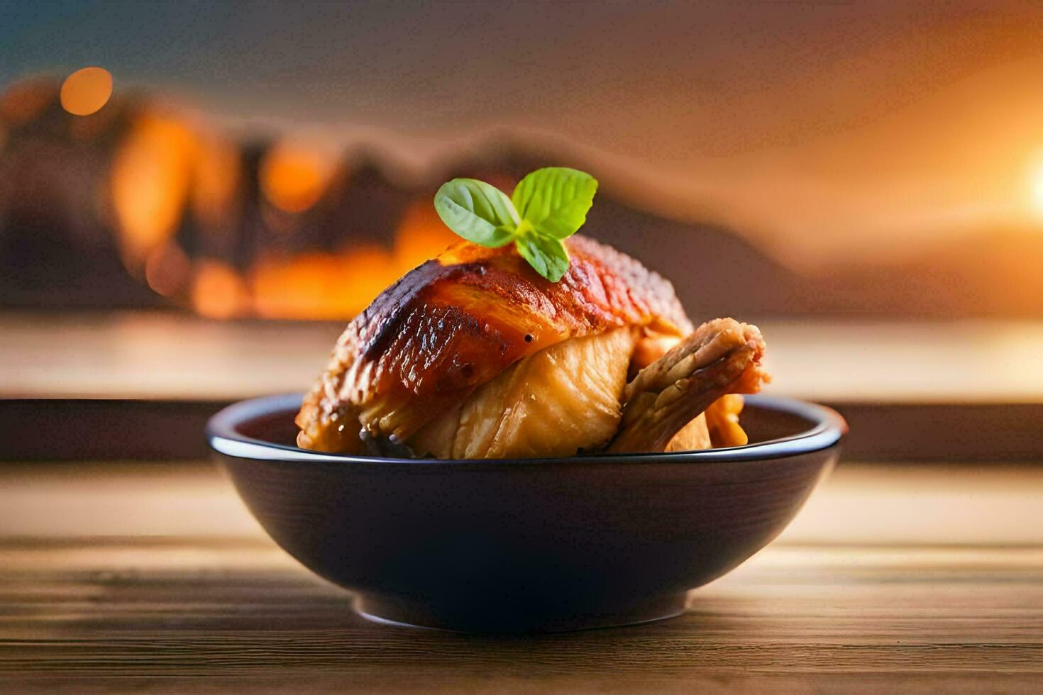 a bowl of chicken with a green leaf on top. AI-Generated photo
