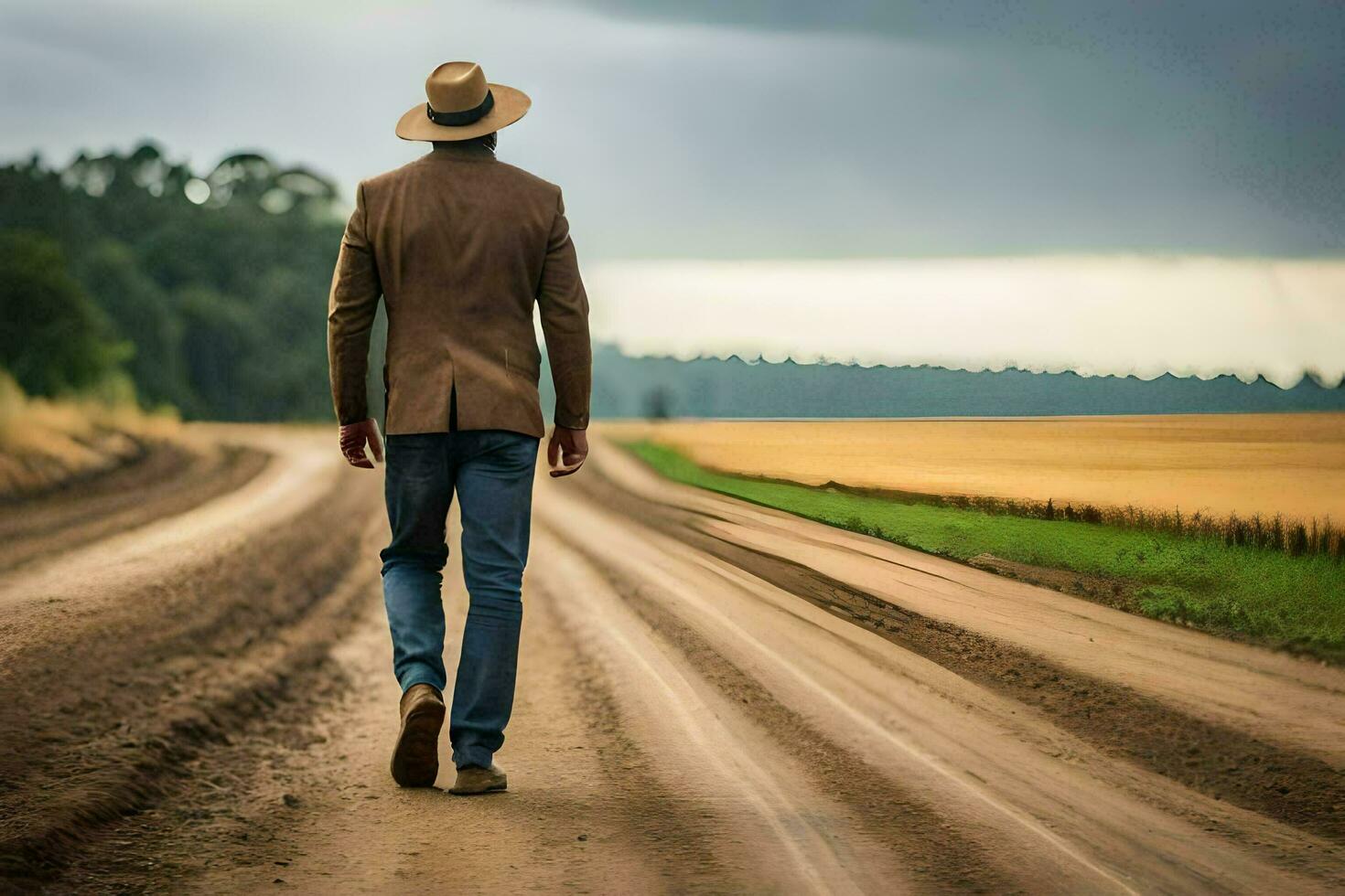 a man in a hat walks down a dirt road. AI-Generated photo