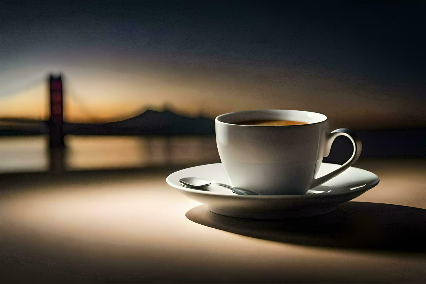 a cup of coffee sits on a table in front of a bridge. AI-Generated photo