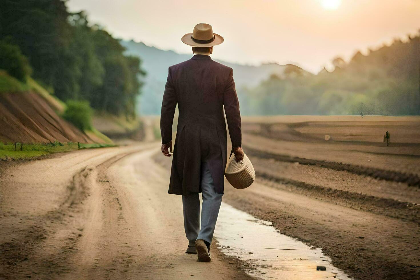 a man in a suit and hat walking down a dirt road. AI-Generated photo