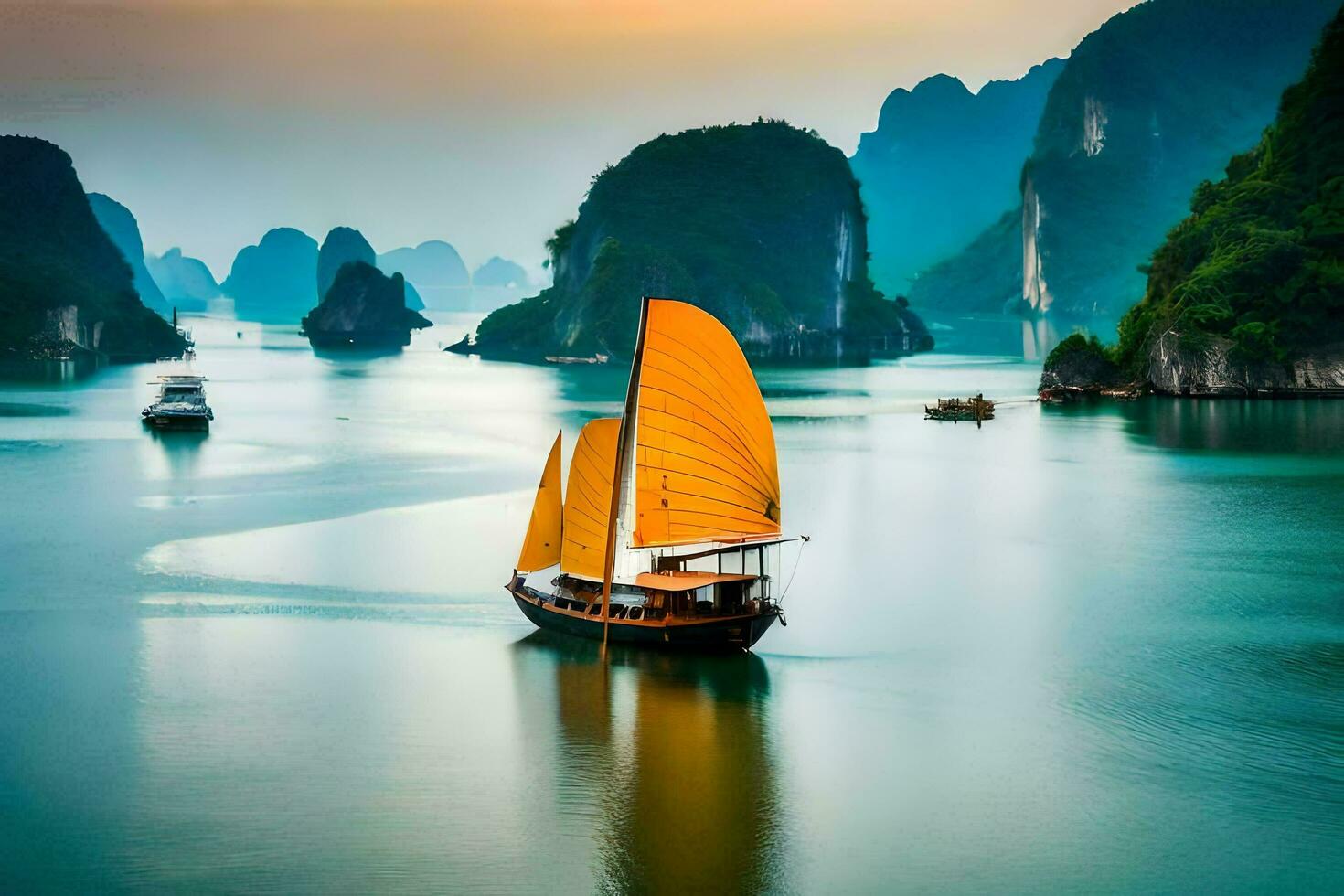 a boat with a yellow sail in the water. AI-Generated photo