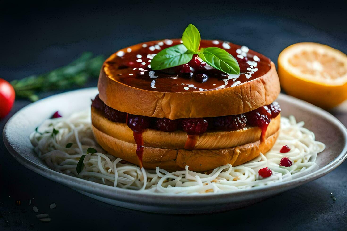a hamburger with berry sauce and noodles on a plate. AI-Generated photo
