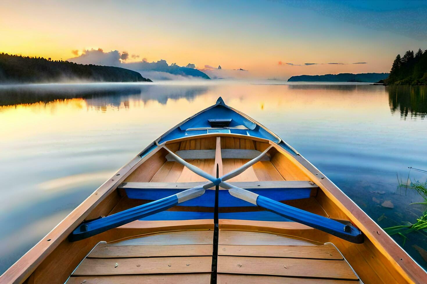 the boat is on the water at sunset. AI-Generated photo