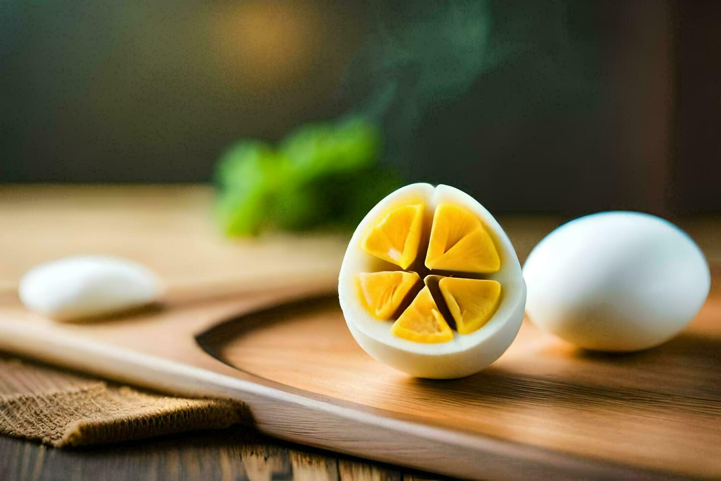 a boiled egg on a cutting board. AI-Generated photo