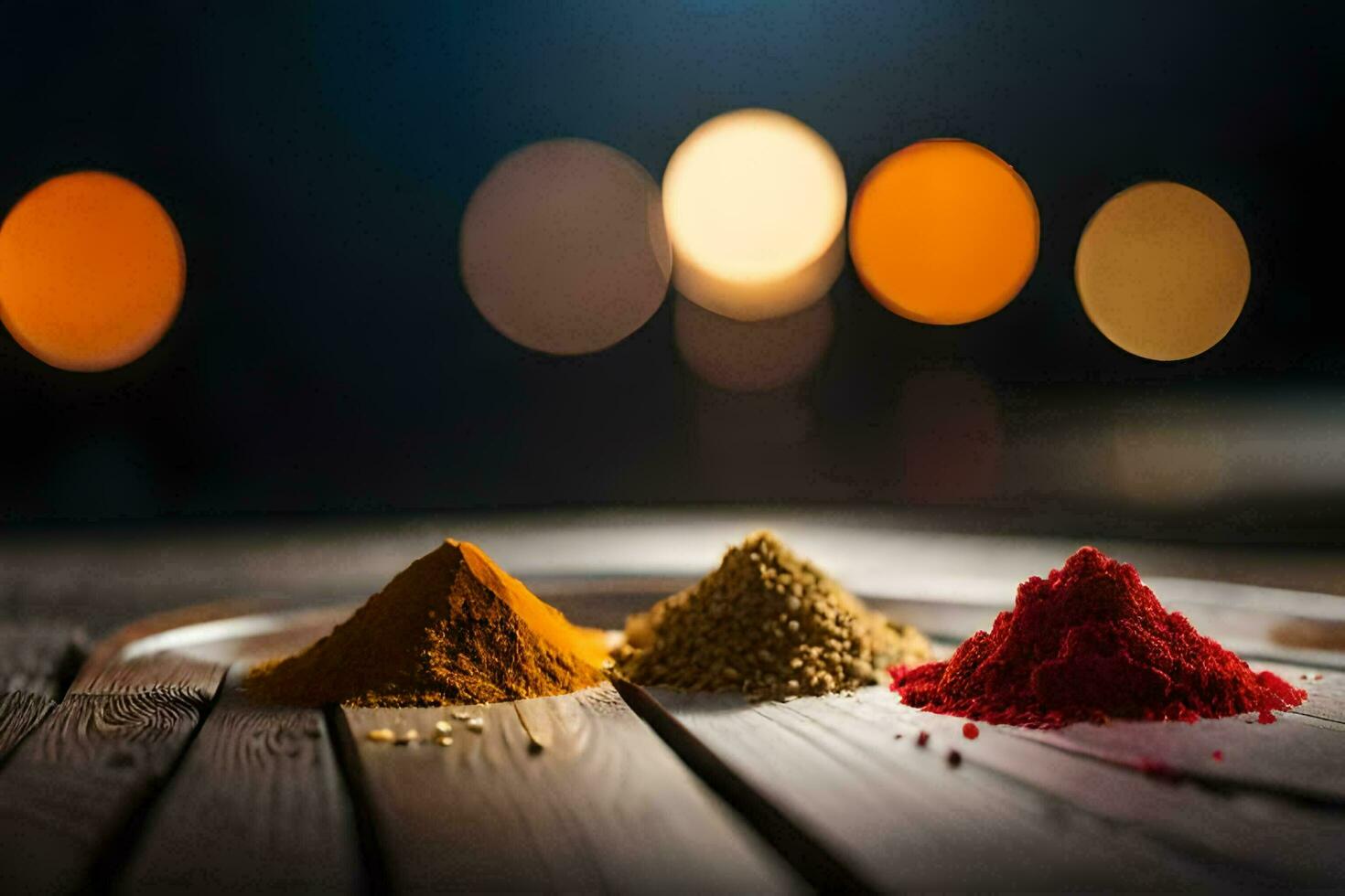 three different colored spices on a wooden table. AI-Generated photo