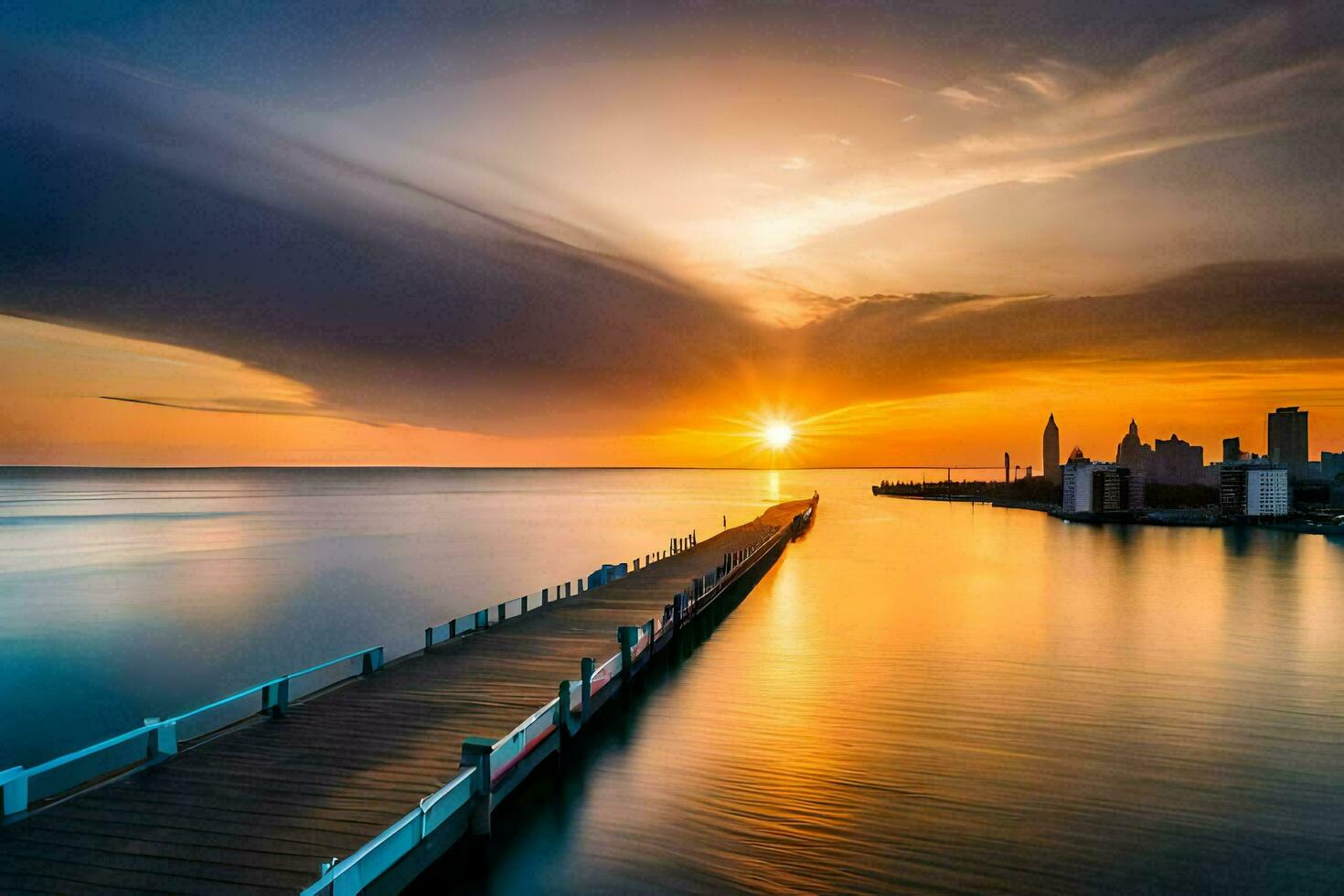 un muelle con un ciudad horizonte en el antecedentes. generado por ai foto