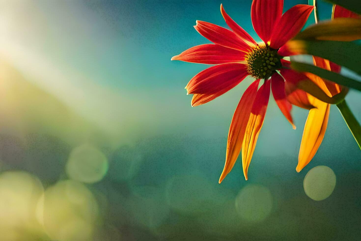 a red flower with a sun shining in the background. AI-Generated photo