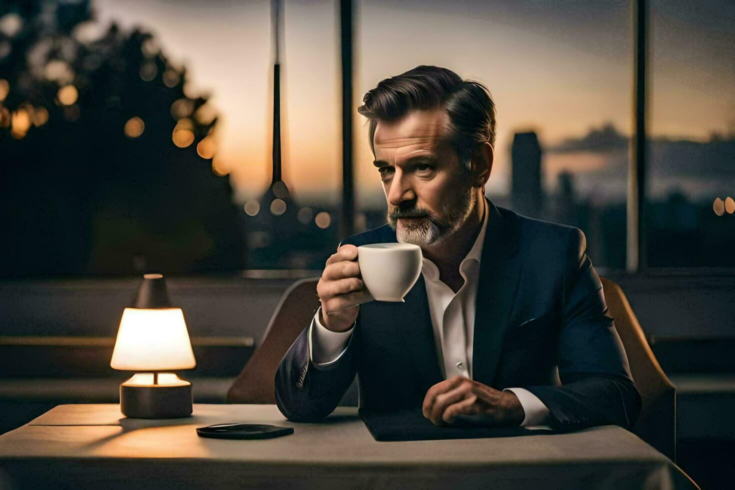 a man in a suit is drinking coffee at a table. AI-Generated photo