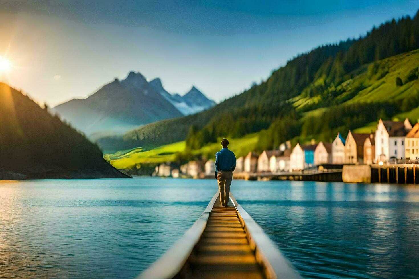 a man standing on a dock looking at the mountains and water. AI-Generated photo