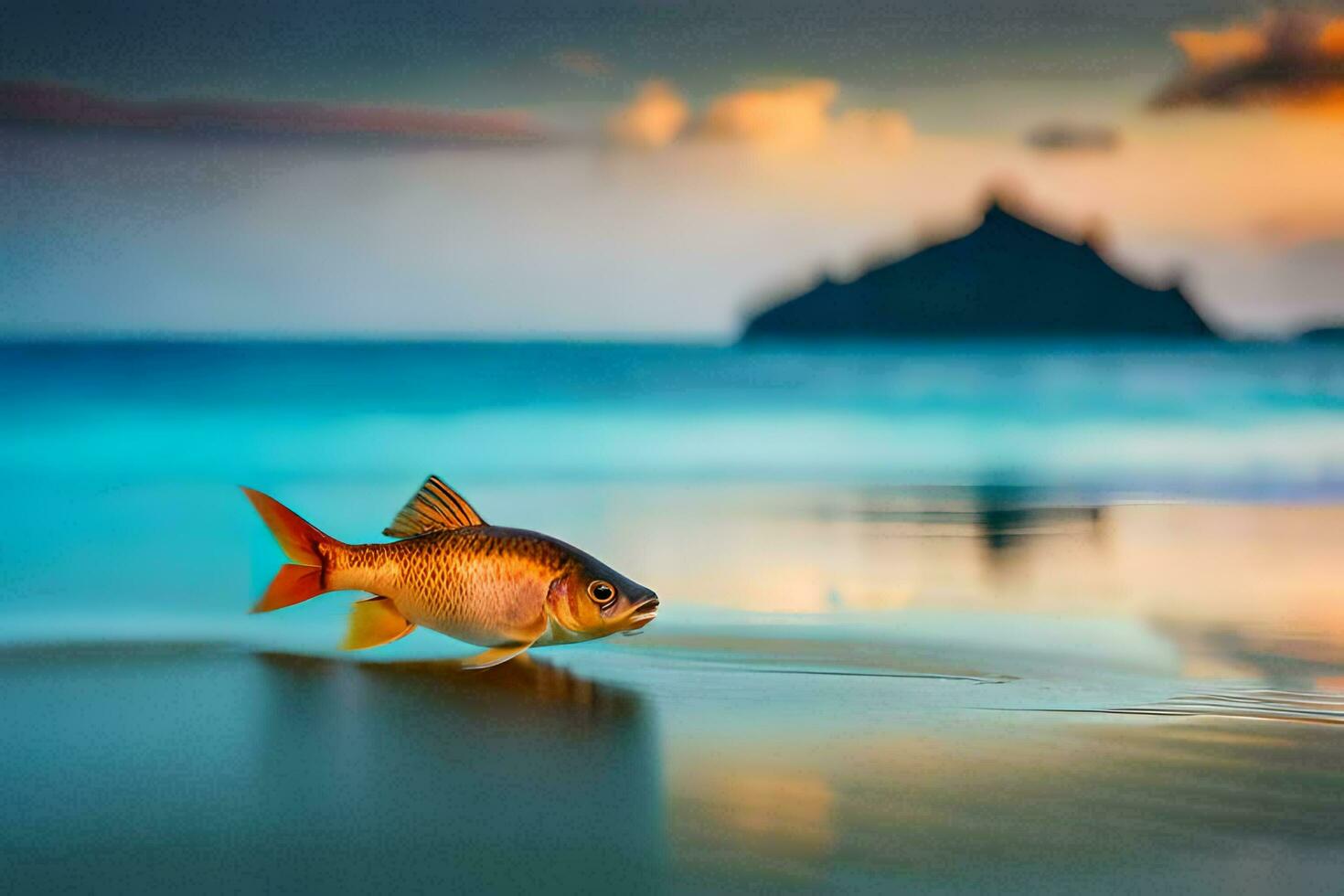 a fish is walking on the beach at sunset. AI-Generated photo