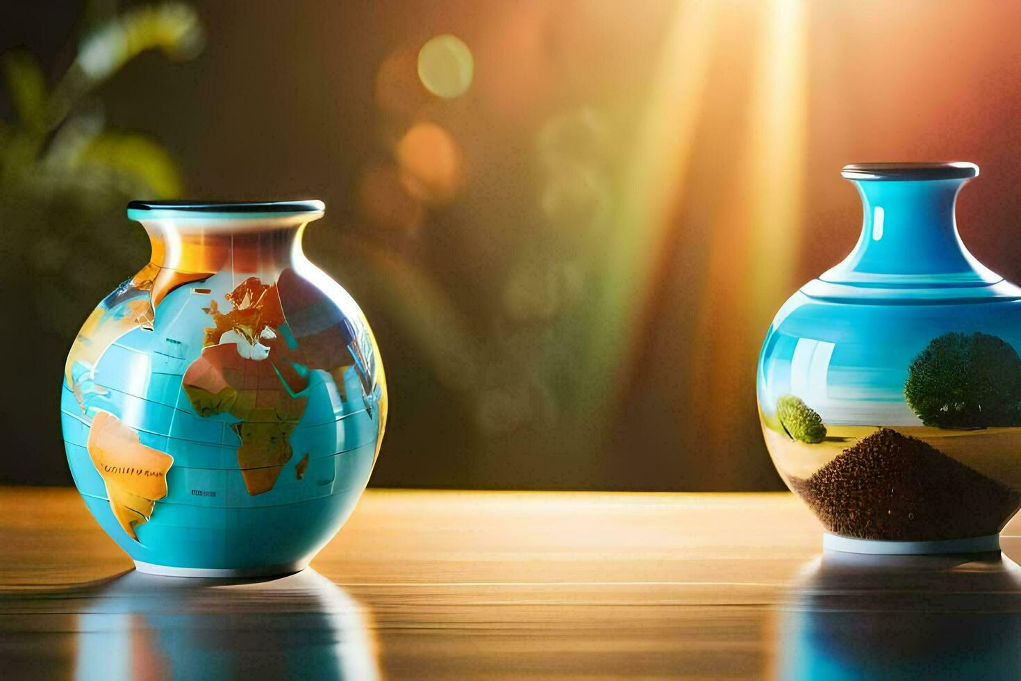 two vases with a world map on them. AI-Generated photo