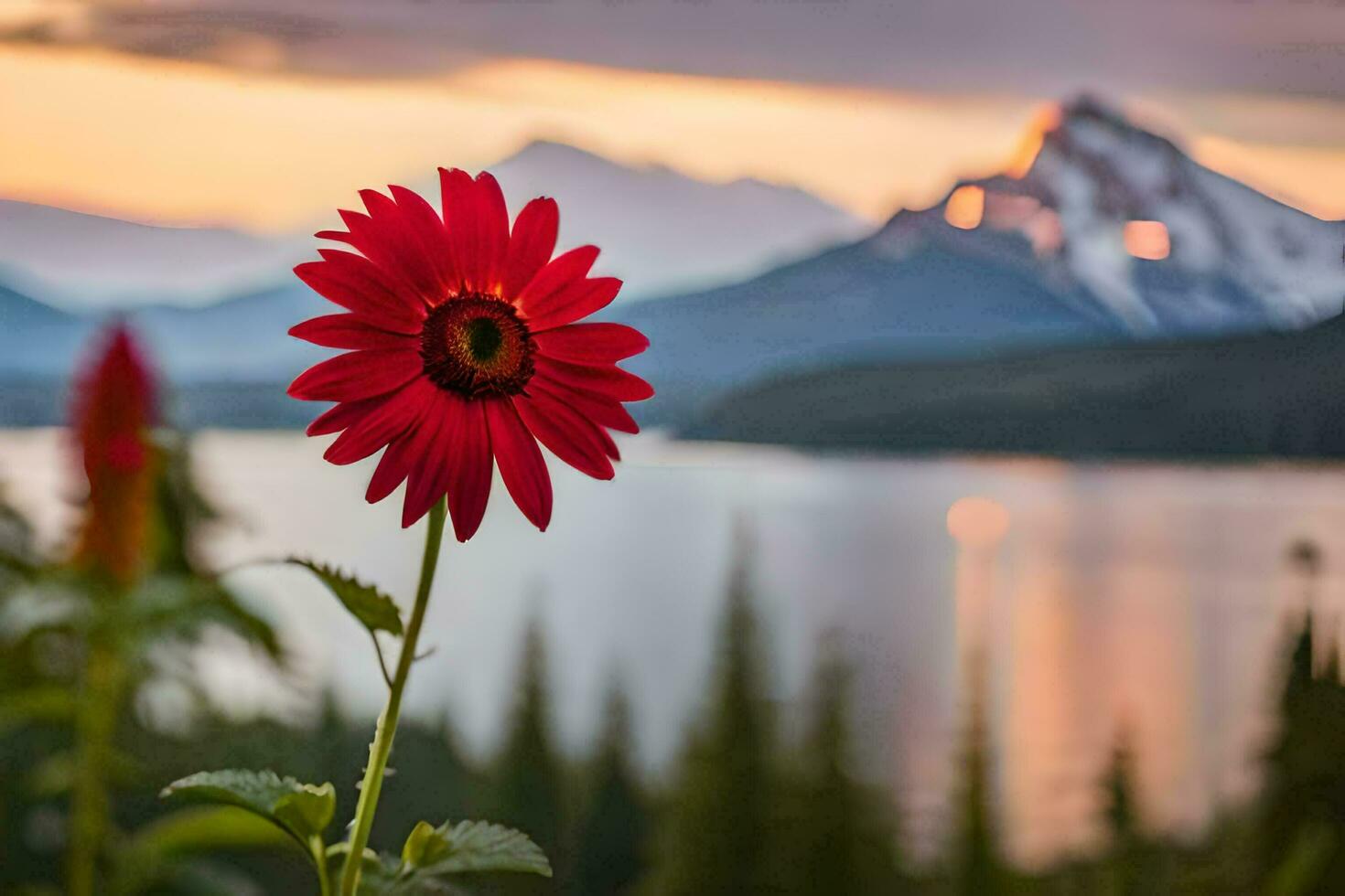 a red flower stands in front of a mountain and lake. AI-Generated photo