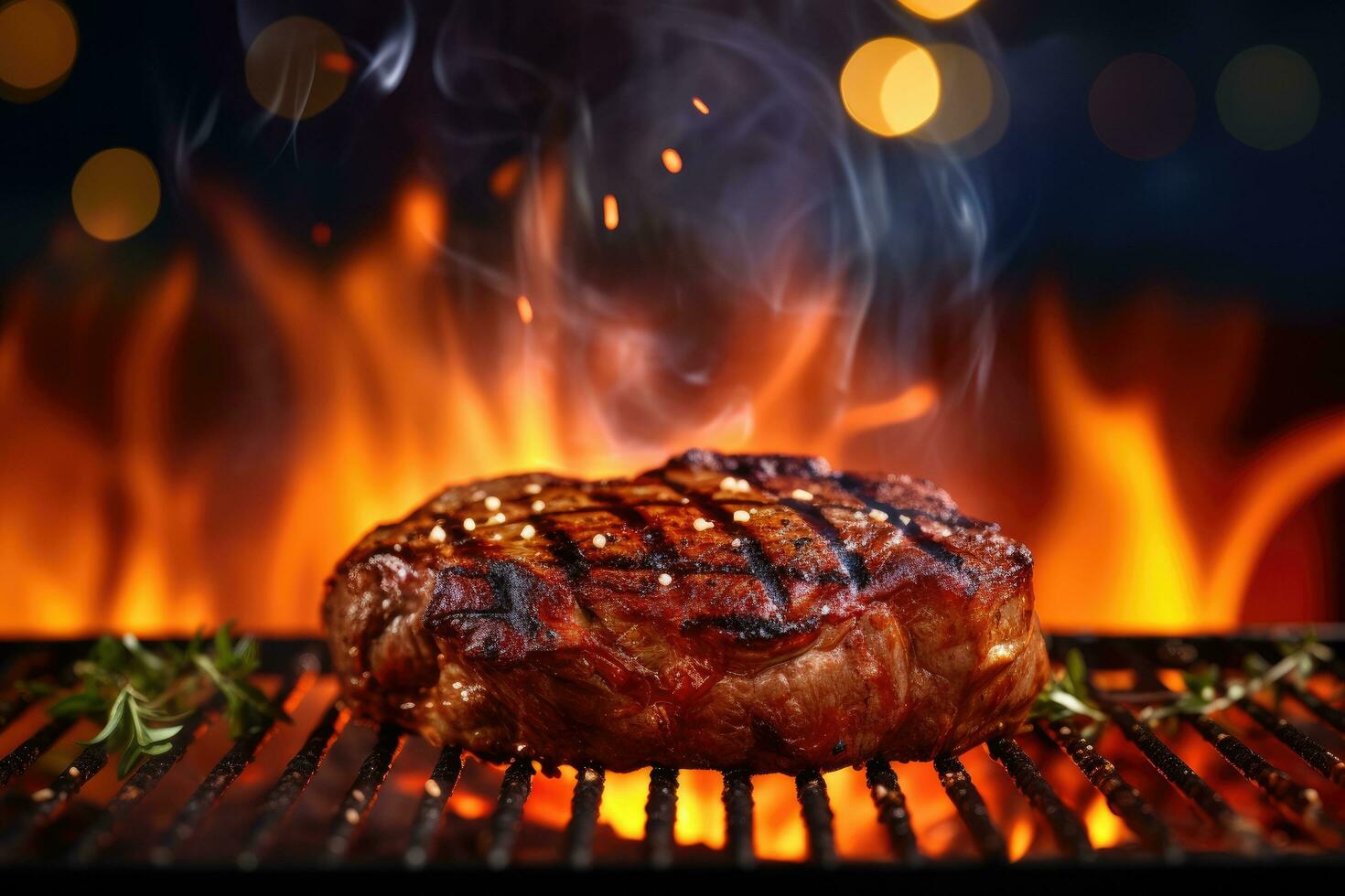Grilled steak on barbecue grill with flames and bokeh background, Grilled steak on barbecue grill with flames and bokeh background, AI Generated photo