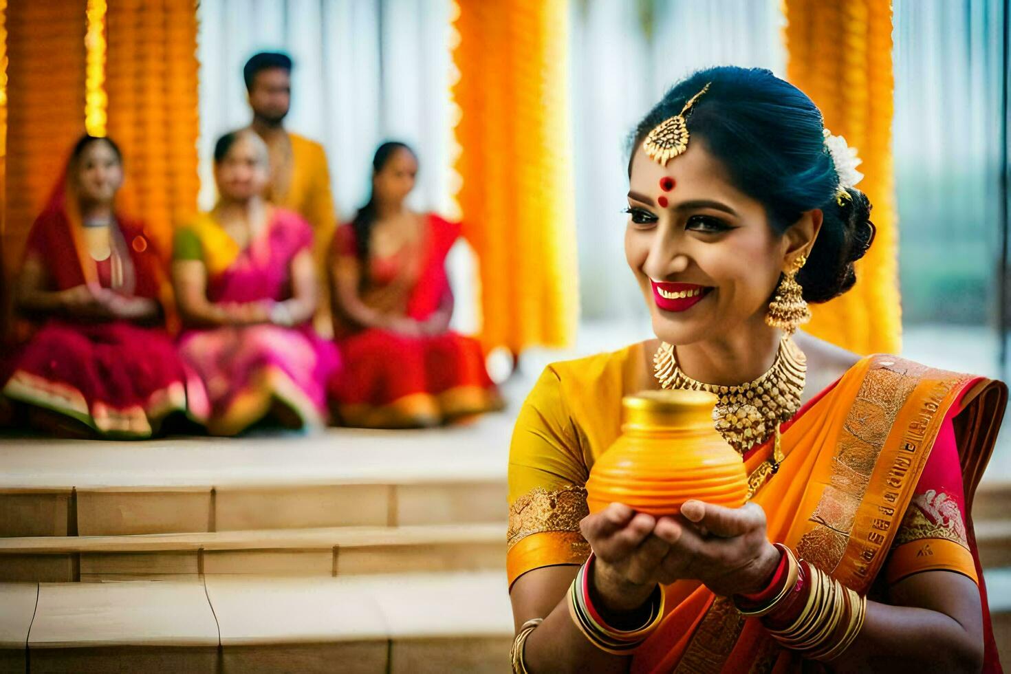 a woman in a sari holding a pot. AI-Generated photo