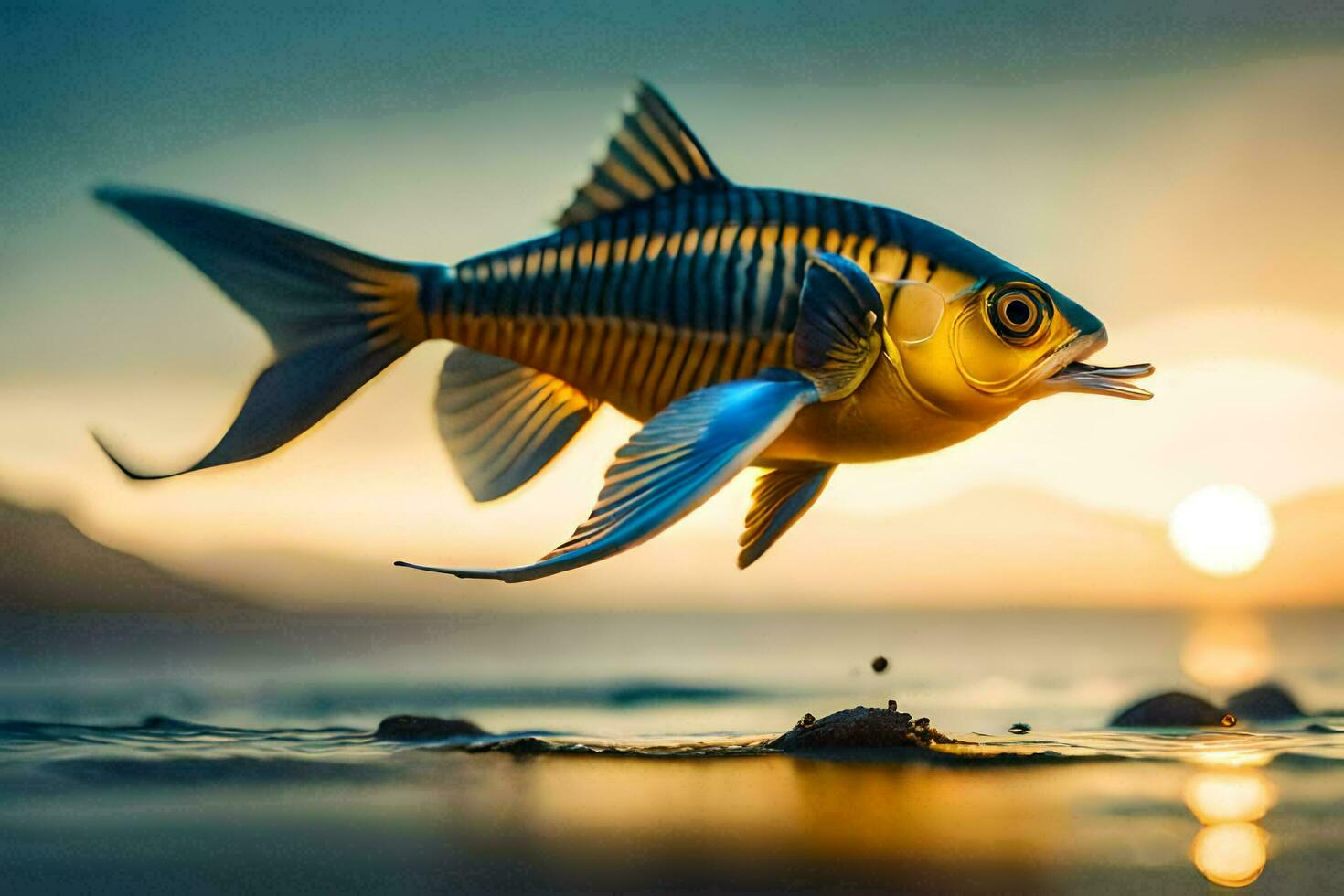 a fish is flying over the water at sunset. AI-Generated photo