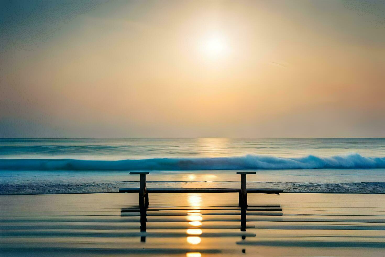 the bench on the beach at sunrise. AI-Generated photo