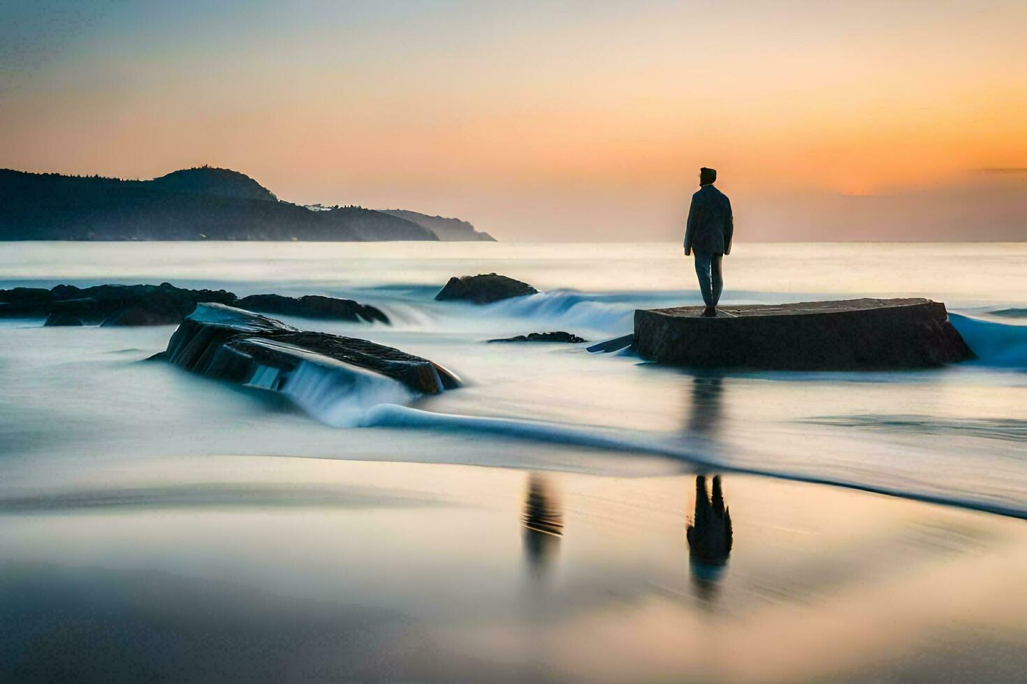 a man standing on a rock in the ocean at sunset. AI-Generated photo