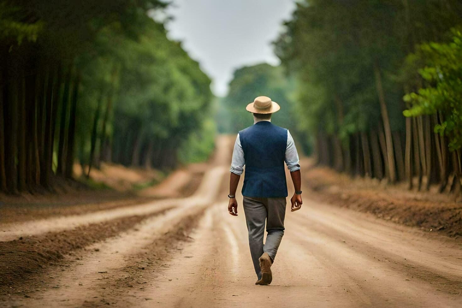 a man in a hat and suit walking down a dirt road. AI-Generated photo