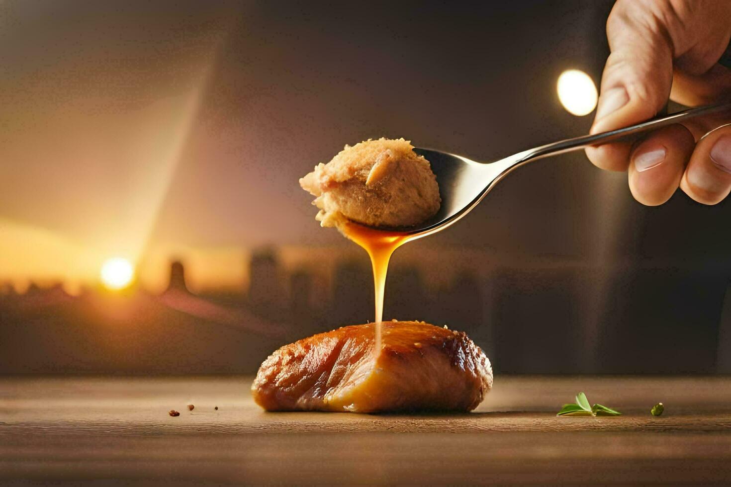 a person holding a spoon over a piece of meat. AI-Generated photo
