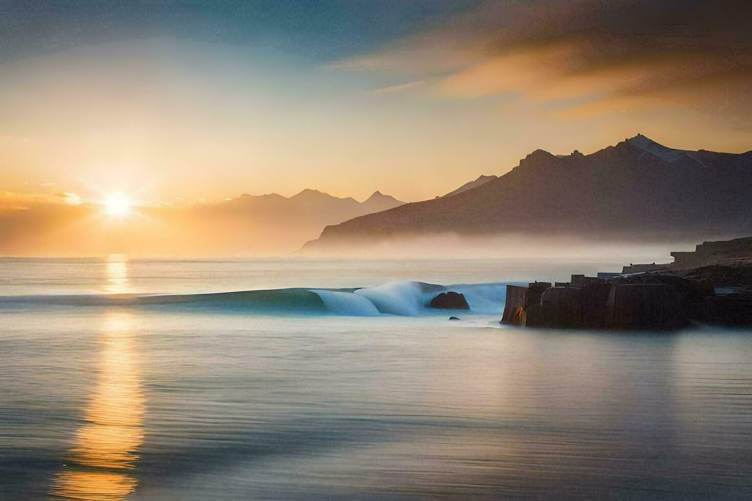 el Dom sube terminado el Oceano y montañas. generado por ai foto