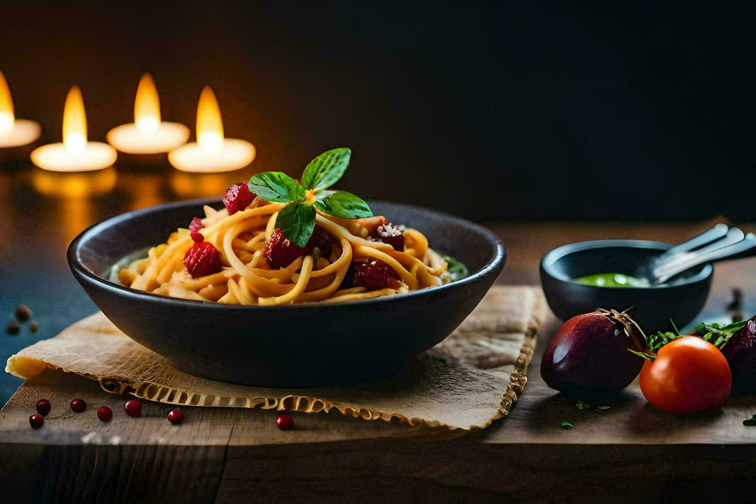 spaghetti with tomato sauce and basil leaves in a bowl. AI-Generated photo