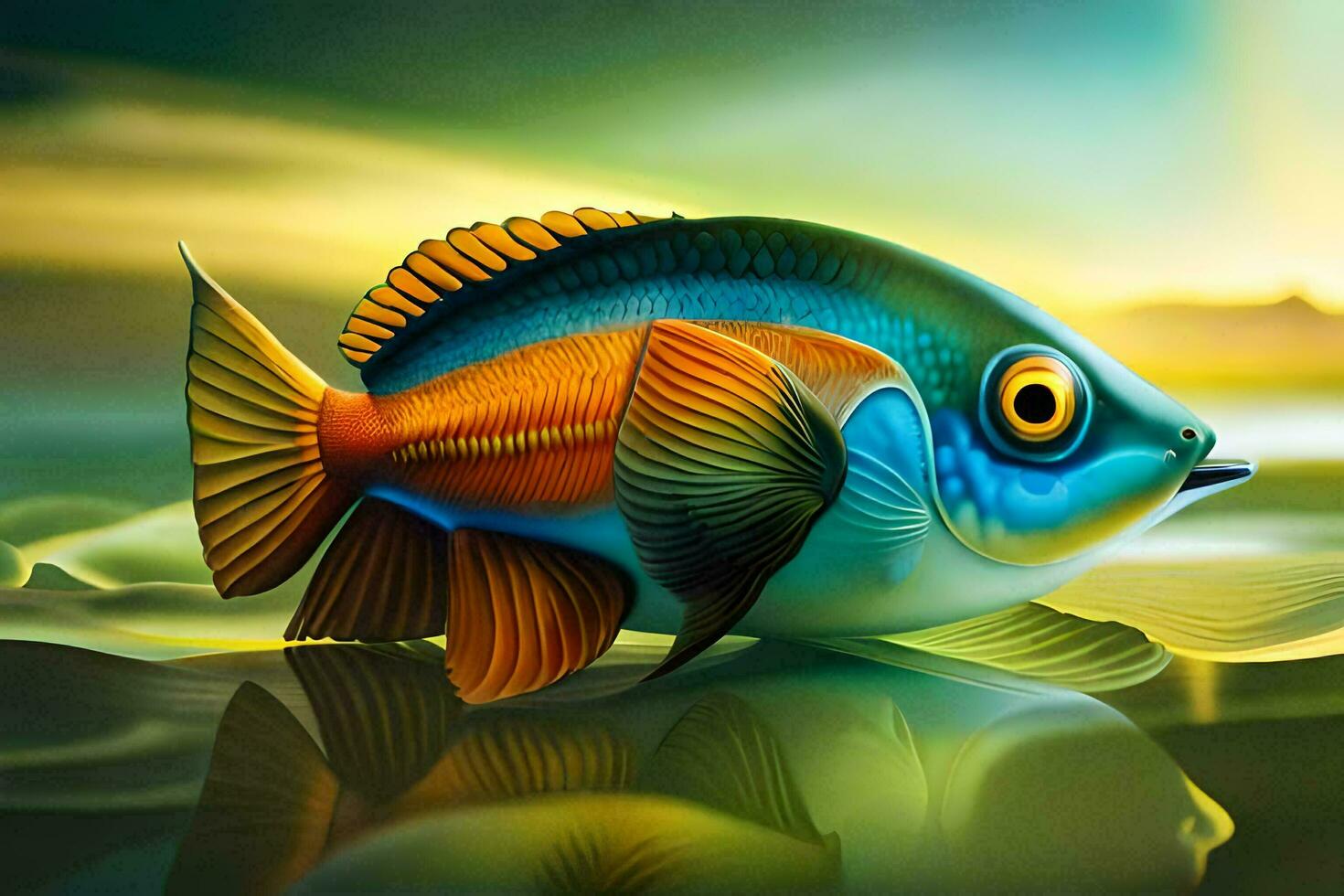 a fish is shown in a painting with a sunset. AI-Generated photo