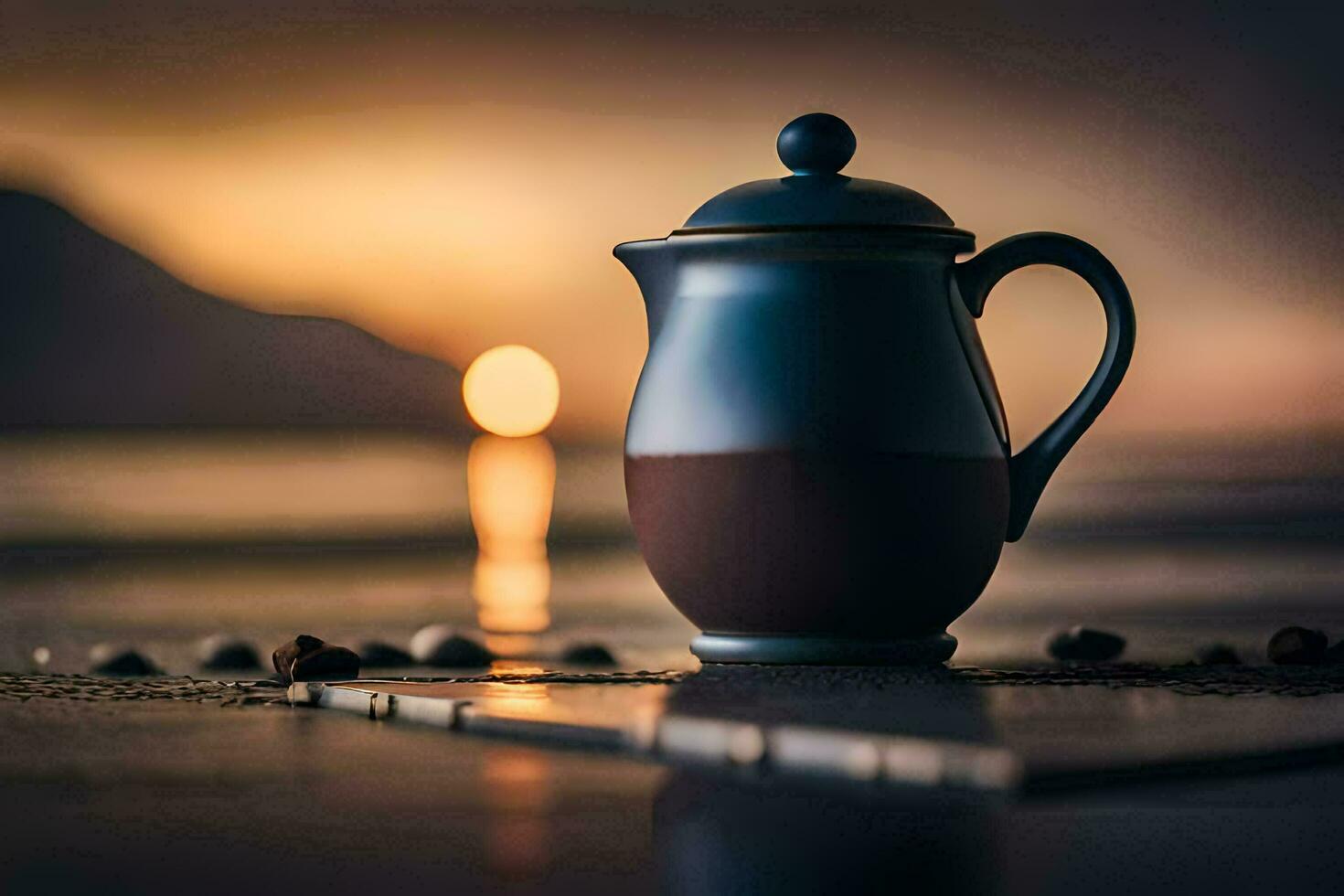 coffee pot, sunset, beach, water, hd wallpaper. AI-Generated photo