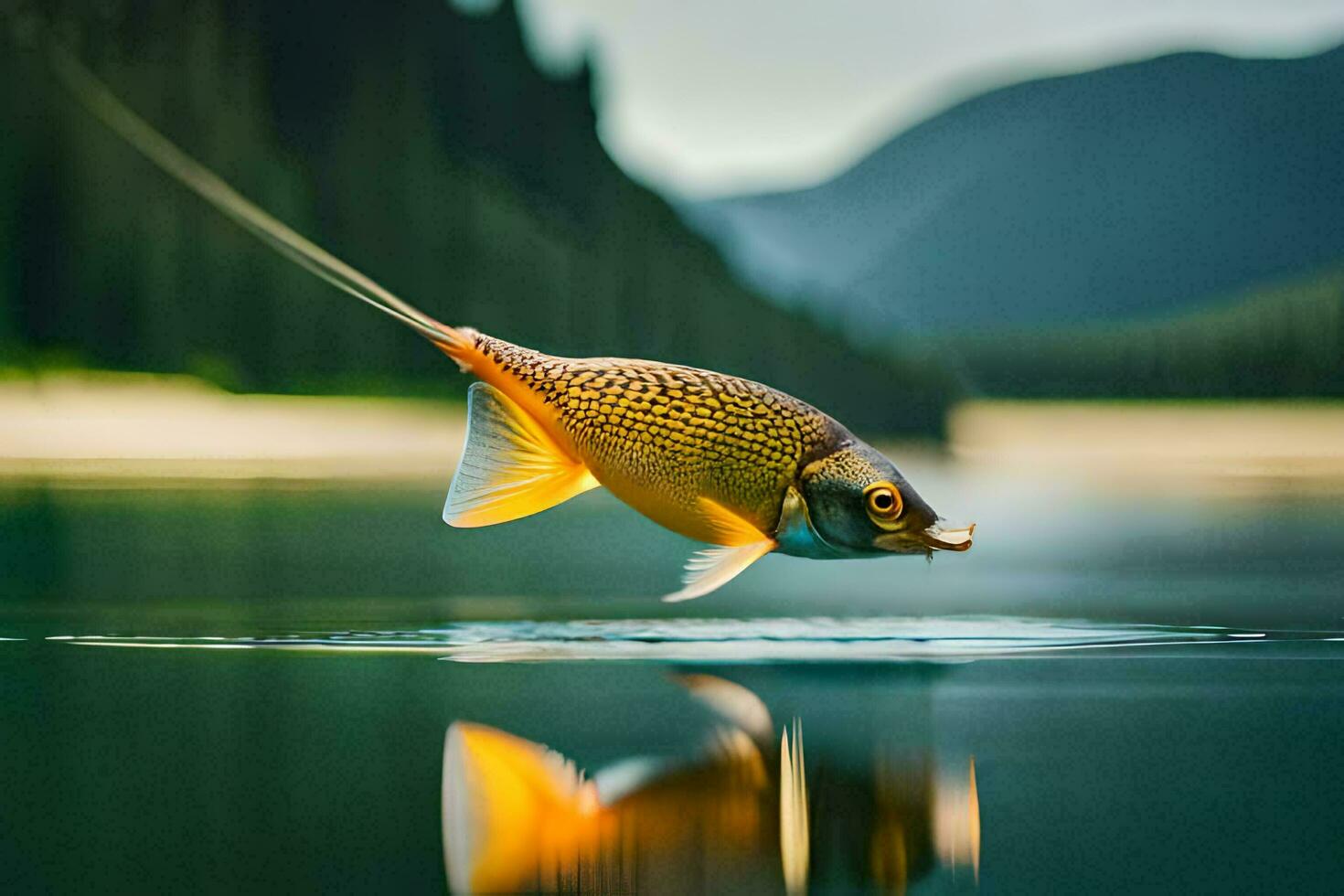 a fish is flying over a lake with a mountain in the background. AI-Generated photo