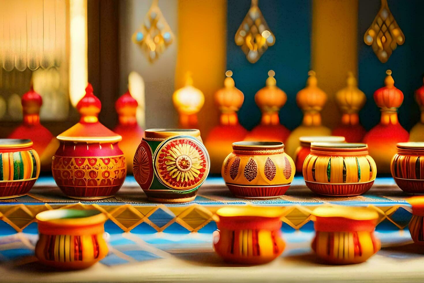 colorful pottery on display in a shop. AI-Generated photo
