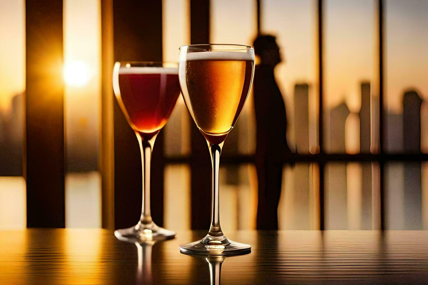 two glasses of wine on a table with a view of the city. AI-Generated photo