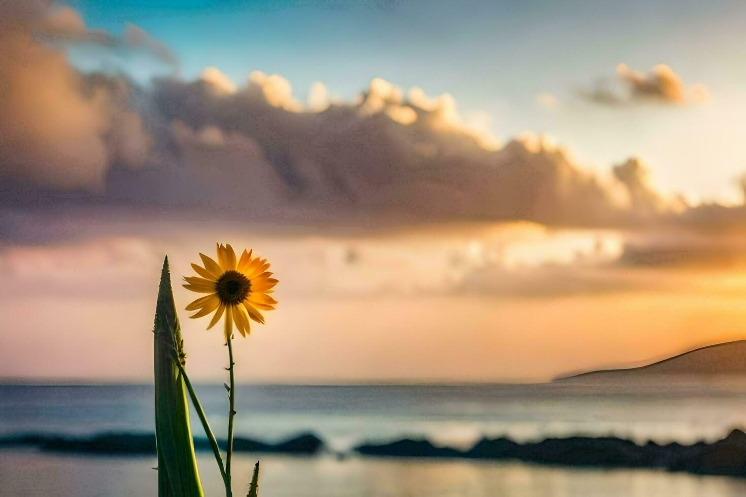 girasol en el playa a puesta de sol. generado por ai foto